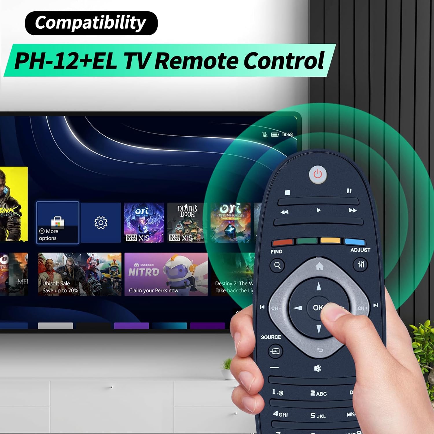 Image of the WDZP universal remote control being held by a hand, pointing towards a Philips TV screen displaying a smart TV interface. The remote features standard TV control buttons including power, volume, channel, navigation, and number keys.