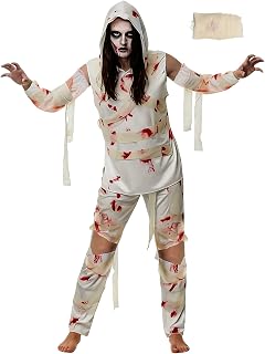 Mepase 4 Pcs Halloween Mummy Costume Zombie Costume for Men Women, Include Top Pants Sleeves Bandage Mummy Wrap Cosplay