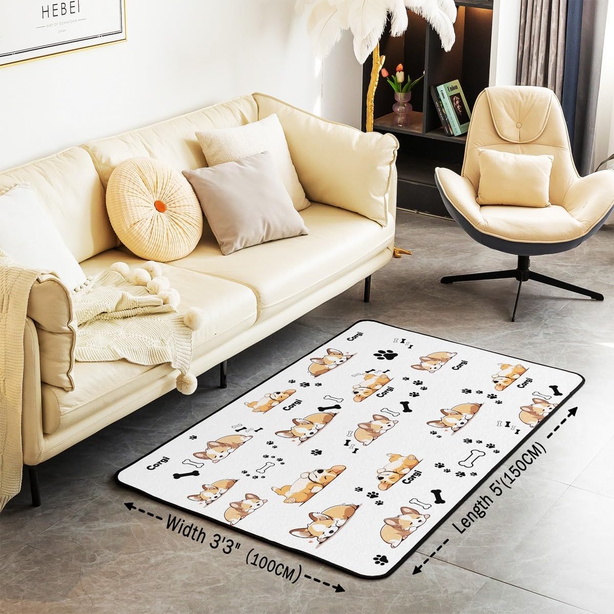 Castle Fairy Cartoon Dig Kids Area Rug 3'x5' Cute Corgi Black Paw Print Graffiti Non Slip Rug for Boys Girls Teens Watercolor Puppy Animal Hippie Indoor Floor Mat for Bedroom