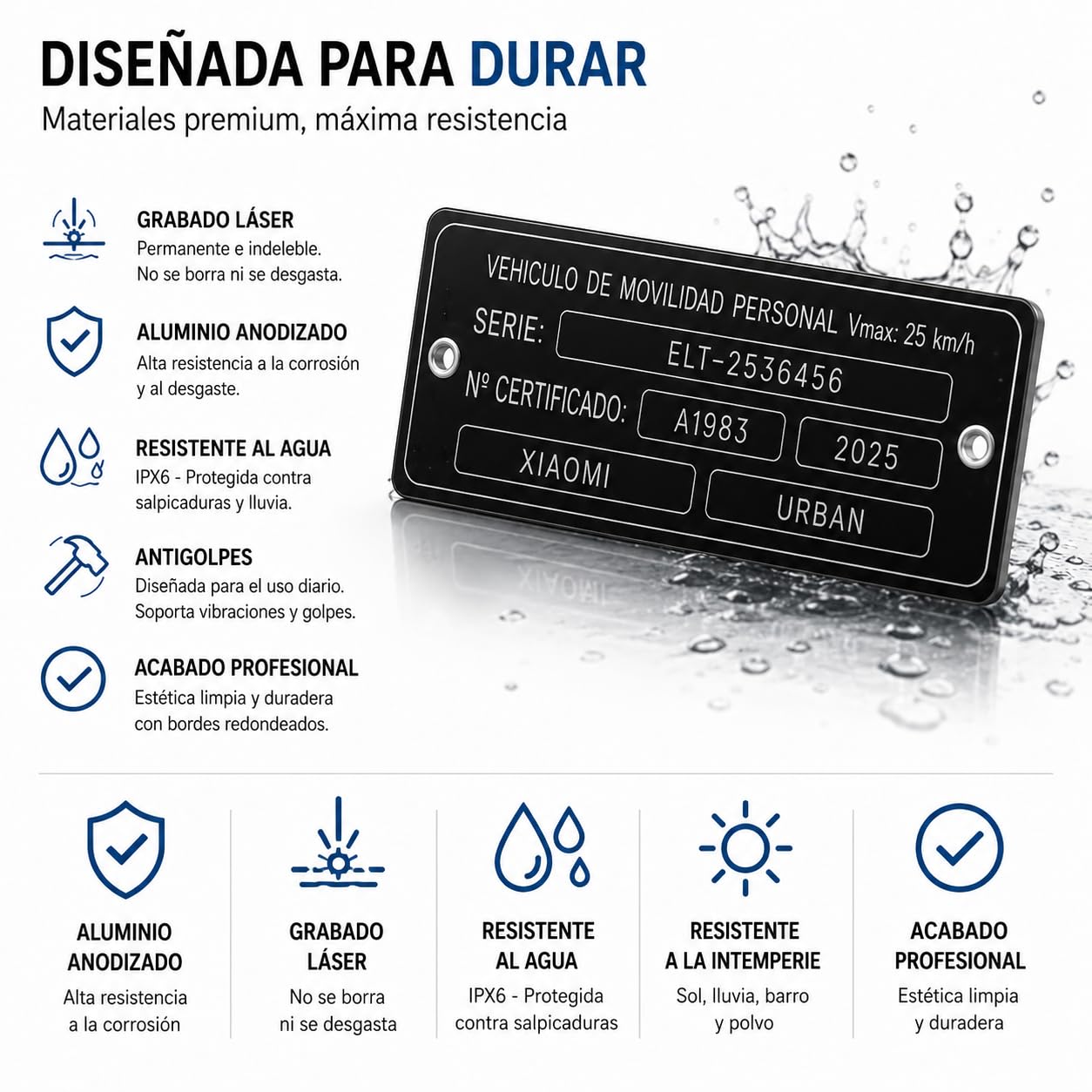 Placa Identificativa para Patinete Eléctrico VMP | Compatible con Normativa DGT | Aluminio Anodizado 104 x 30 mm | Grabado Láser Permanente | Placa Identificación para Patinetes Eléctricos |
