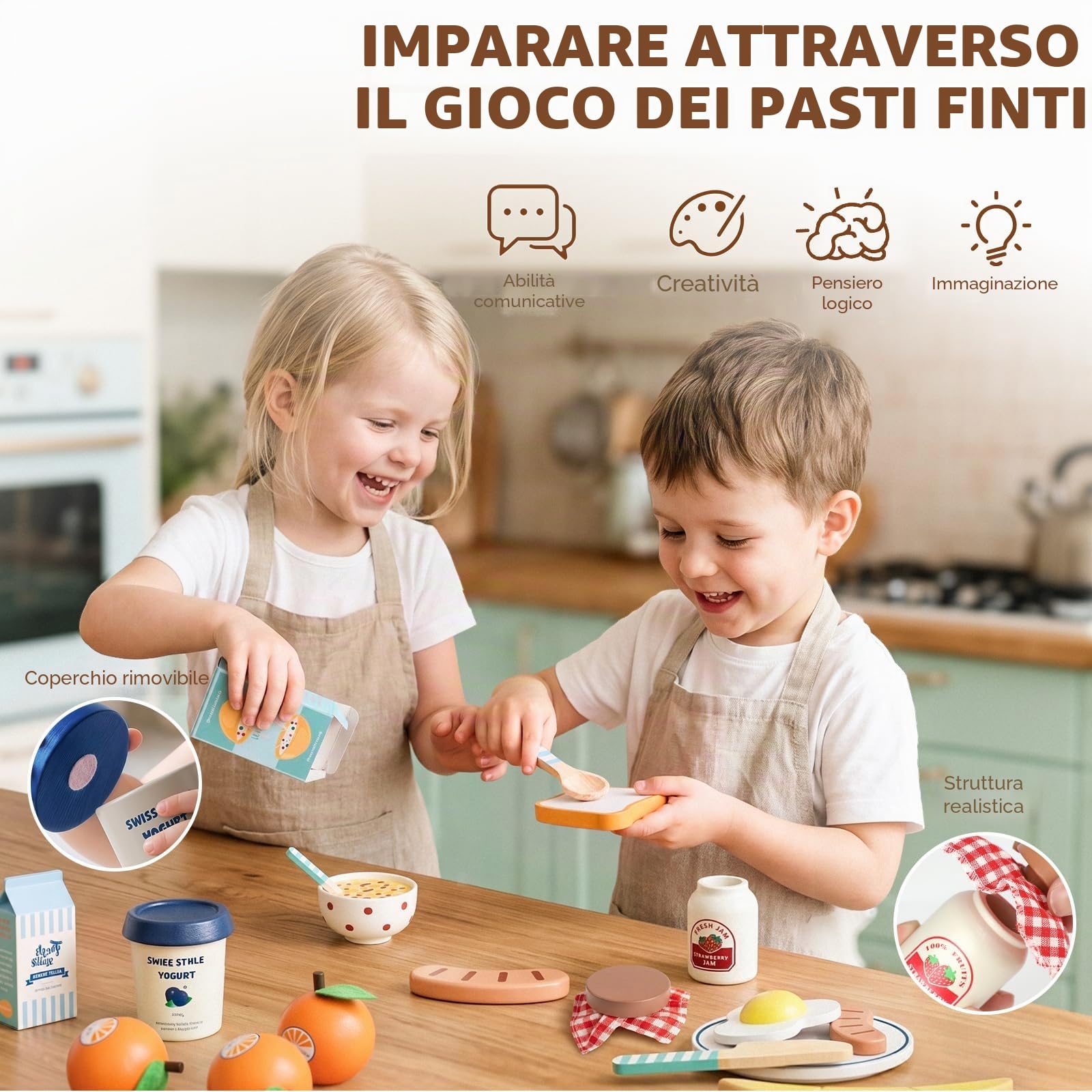 Lehoo Castle Cucina Giocattolo per Bambini, Giocattoli da Colazione in Legno con con Frutta, Posate, Giochi di Ruolo, Regali per Bambine 3 4 5 Anni