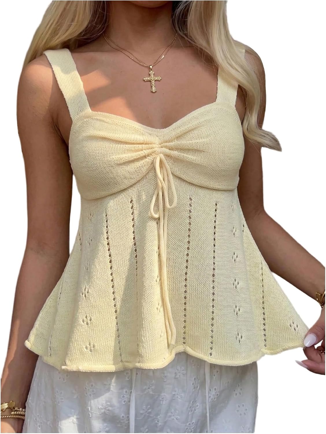 Milumia Women's Eyelet Tie Front Ruched Tank Tops Y2k Drawstring Sexy Going Out Top
