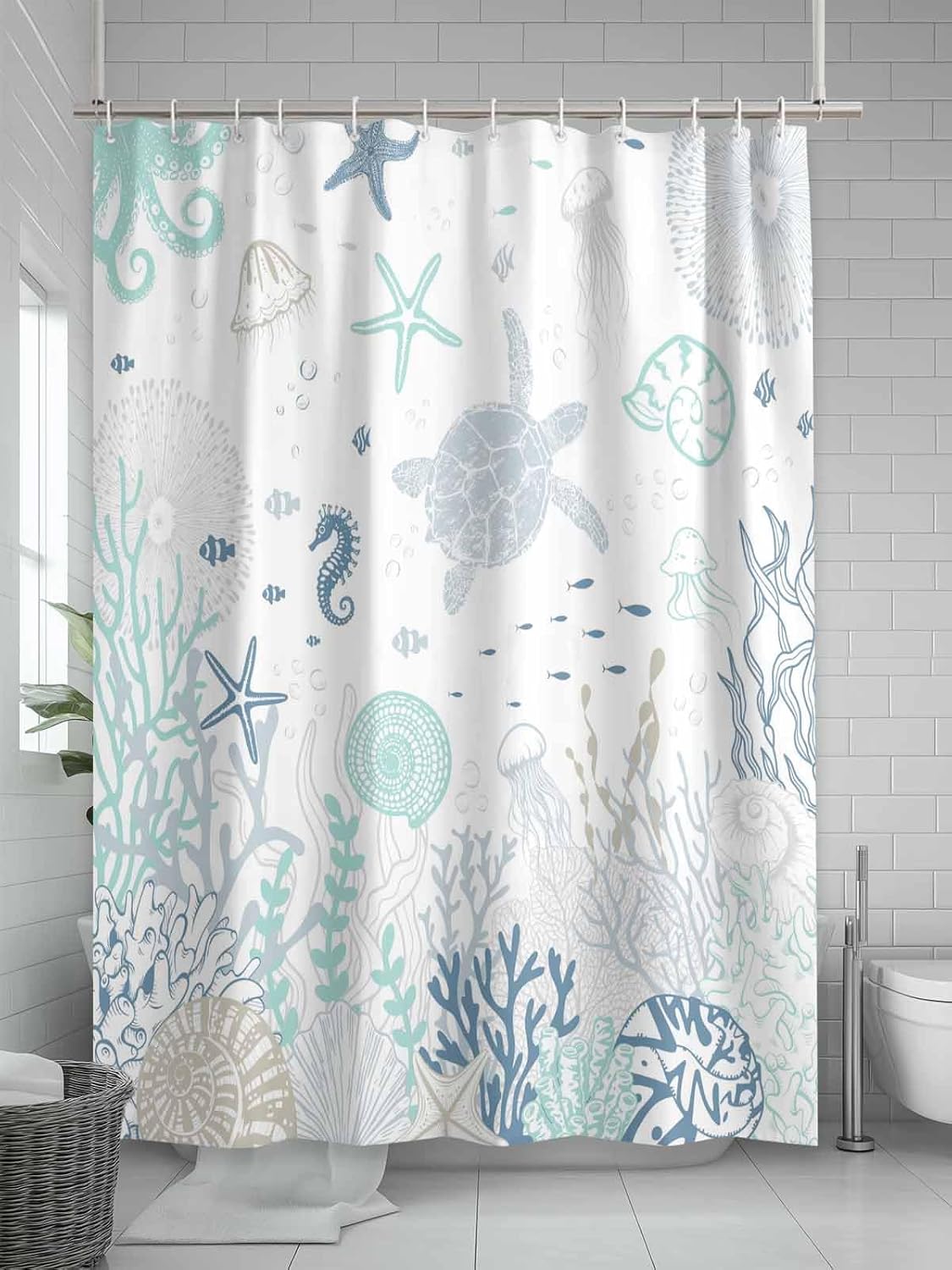 Teal Blue Nautical Coastal Shower Curtain Set - 48" x 72" Summer Beach Washable Bathtub Curtain with 12 Hooks, Sea Turtle Coral Waterproof Fabric Stall Shower Curtains for Bathroom/Bathtub