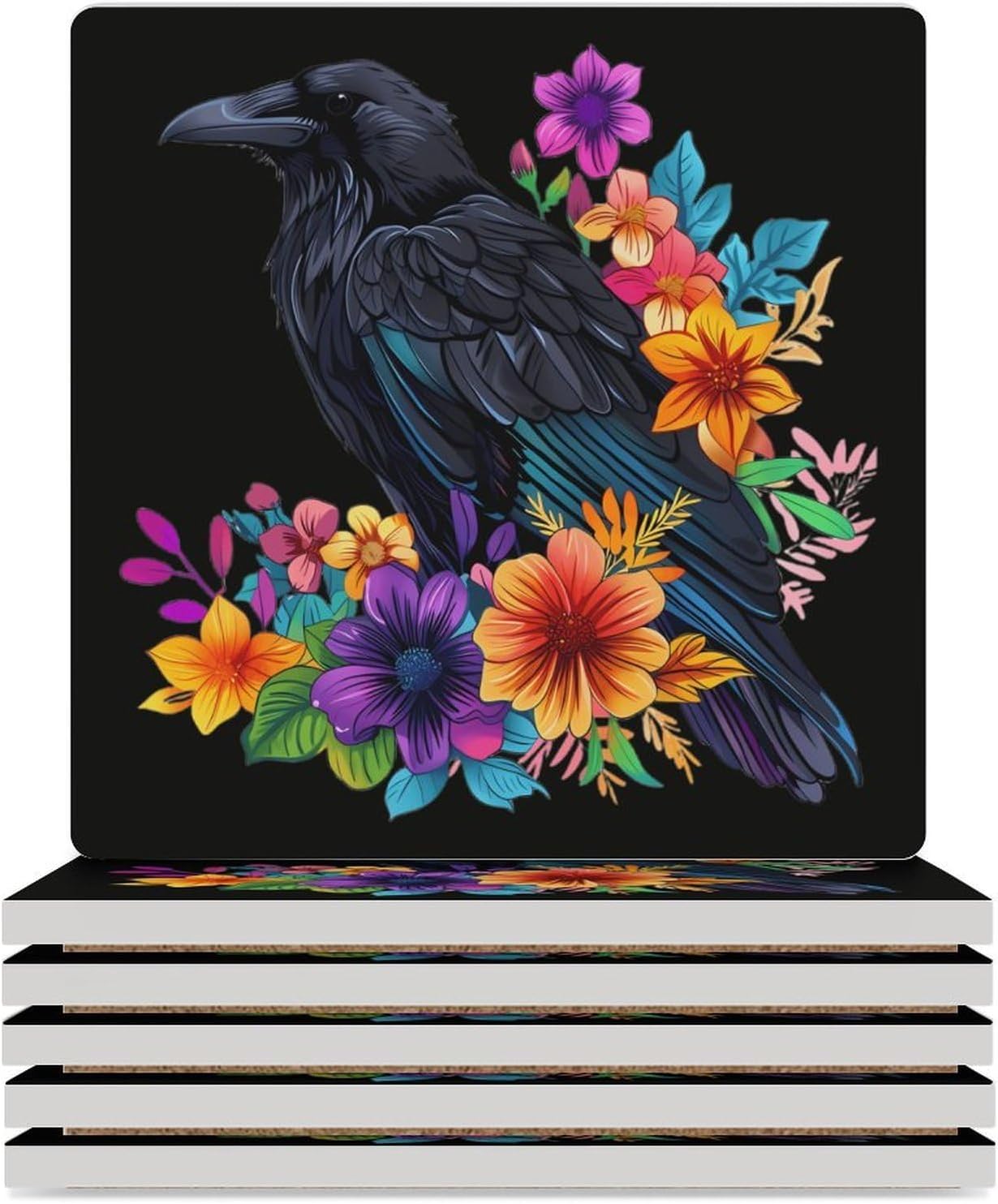 Raven Flowers Funny Ceramic Coasters for Drink Absorbent Cup Holders Tabletop Protection