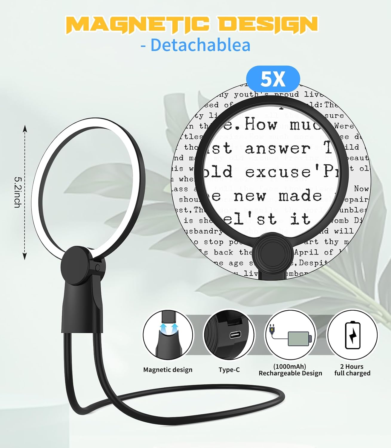 Hands Free 5X Magnifying Glass LED Lighted, Flexible Gooseneck Large Magnifier for Seniors & Low Vision Close Work, Perfect for Reading, Repair, Sewing, Cross Stitch
