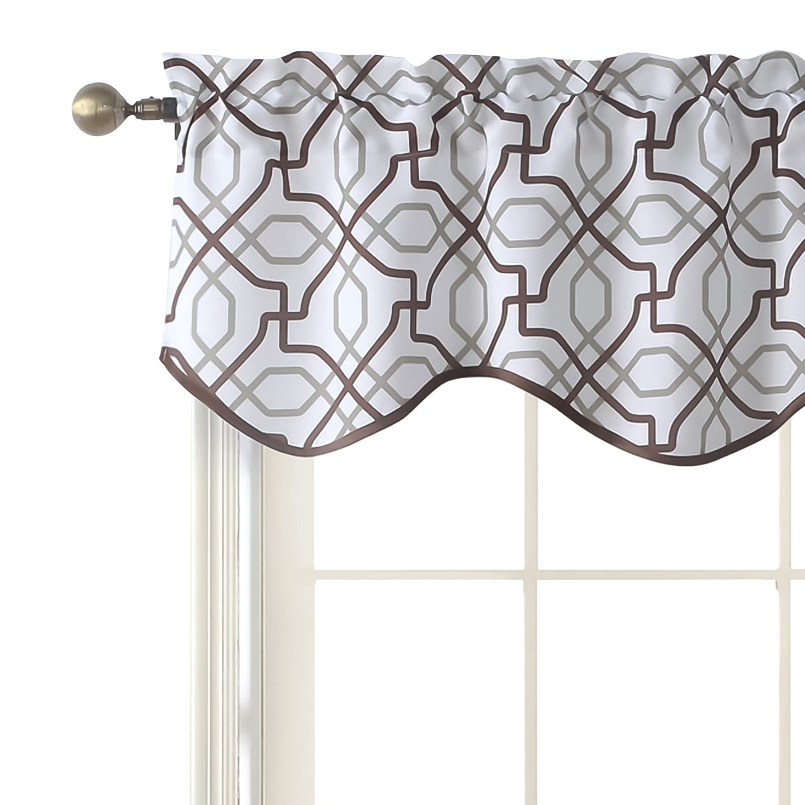 View 1 of Home Queen Scalloped Geometric Printed Wave Curtain Valance, Rustic Country Faux Linen Valence for Cafe and Home Decoration, 54" W x 18" L, Brown Brown 1