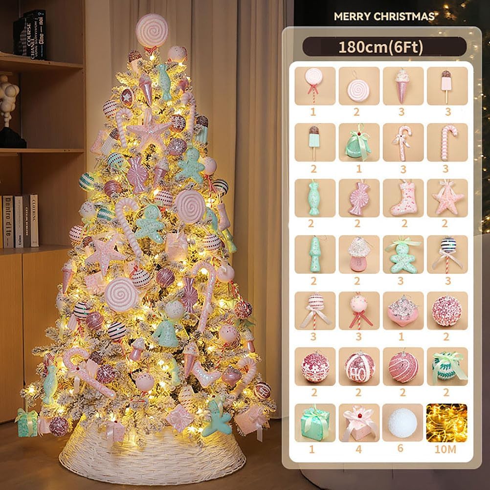 BK&MF 4-9.8ft Premium Flocked Full Christmas Tree with Decorations & Bamboo Fence, Realistic Hinged PE Artificial Xmas Tree for Home Office,A,180cm(6Ft)