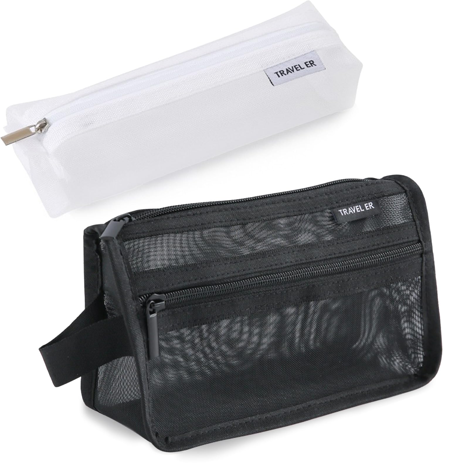 2pcs Clear Pencil Case Portable Mesh Storage Bag, Black And White Zipper Pouch Set, Durable Travel Organizer For School, Office, Makeup, Stationery, Accessories, And School College And University