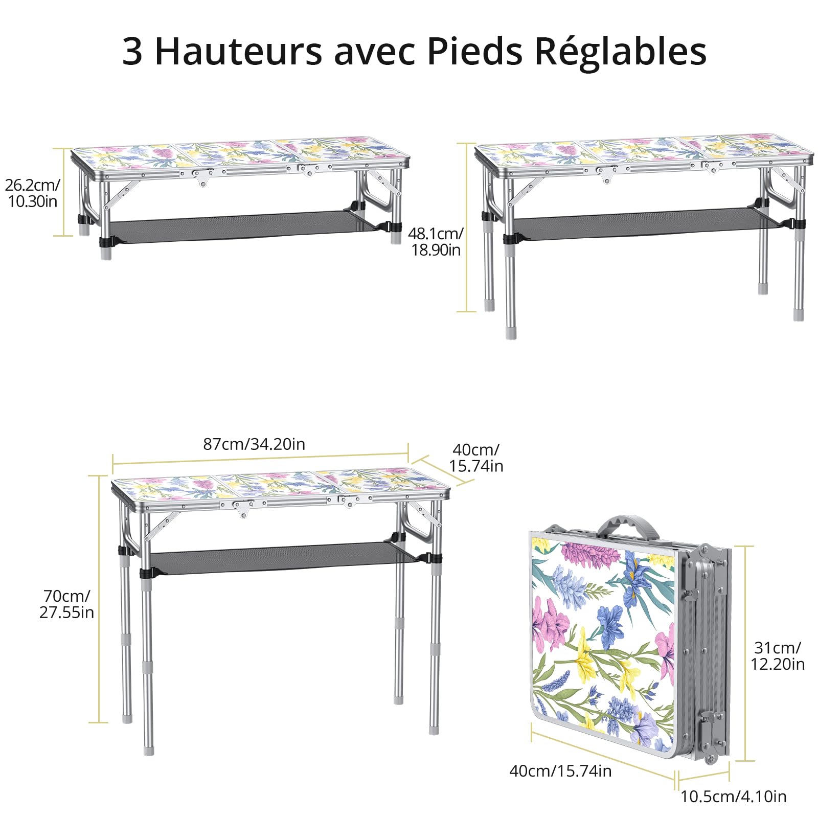 Anbte Table de Camping Pliante, Pique-Nique Table Pliante avec Rangement Net Table Portable 3 Hauteur en Aluminium+MDF pour Extérieur/Intérieur Plage Camping (Fleur)