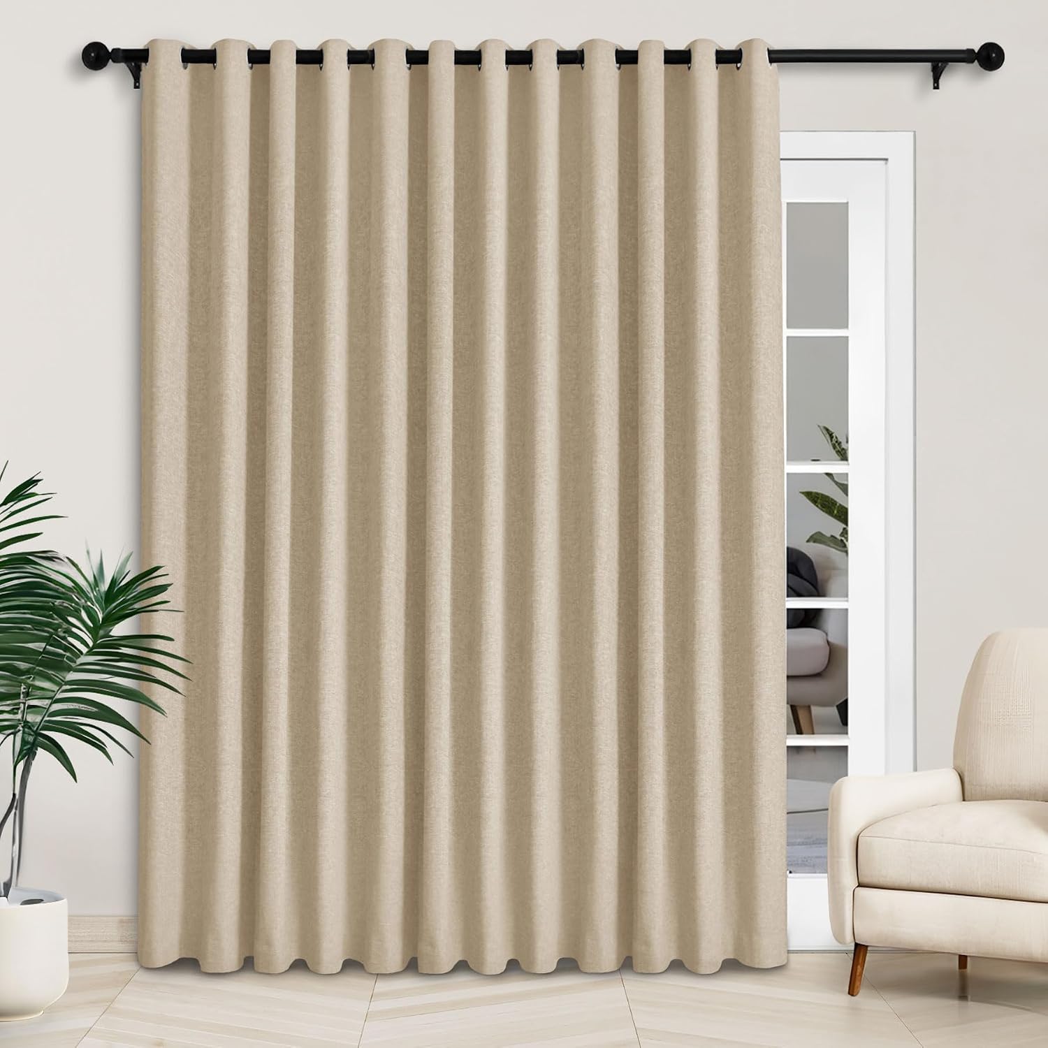 Macochico Extra Wide 100% Blackout Linen Curtains 100”Wx84”L for Sliding Door Patio Doors Sand Beige Thick Linen-Texture Grommet Drapes for Bedroom Living Room Farmhouse with Tieback 1 Panel