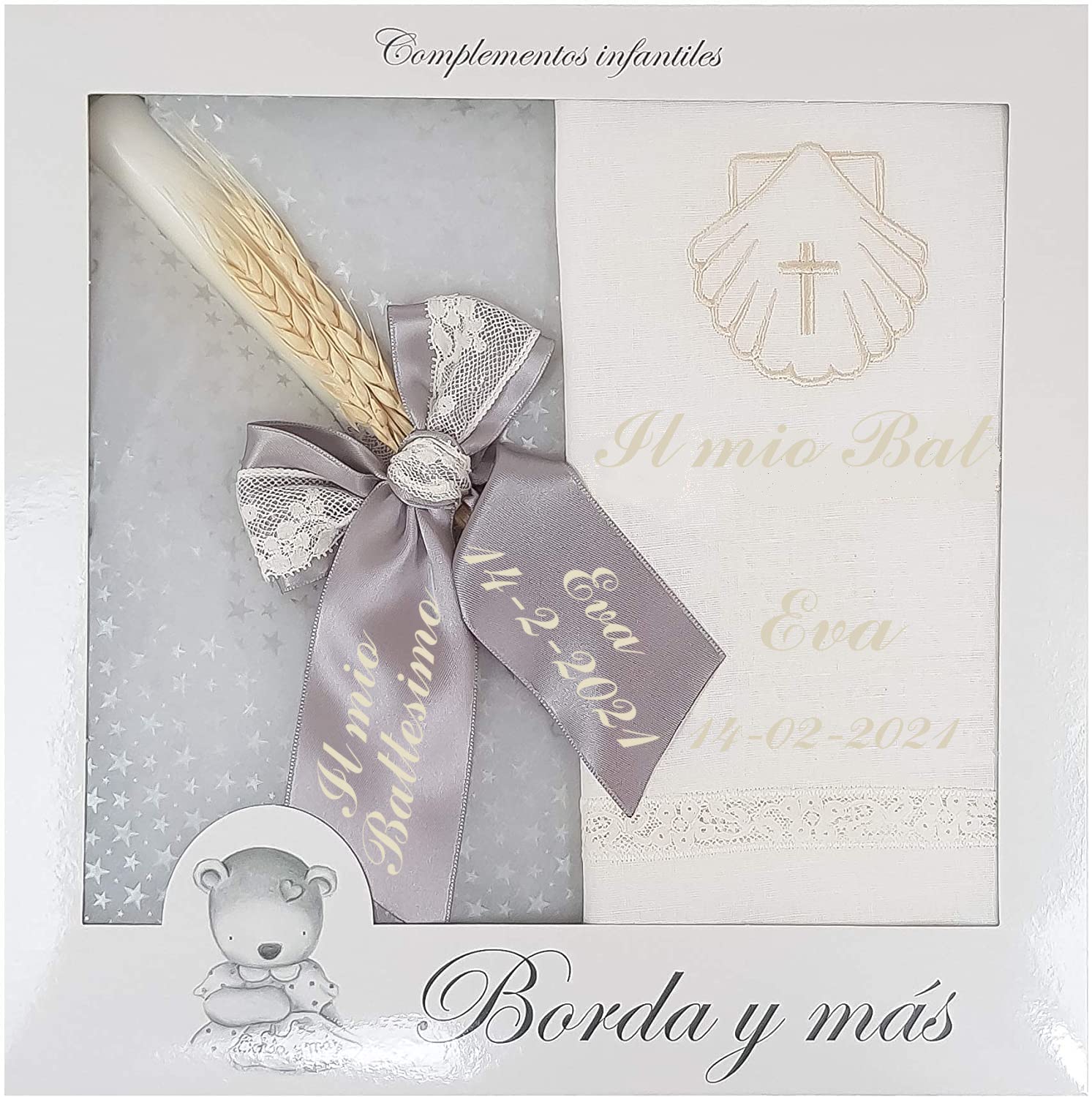 Kit de candela e panno personalizzato per battesimo - Set de candela decorata per Battesimo e Panno ricamato con Nome e Data di Battesimo - Modello Paris (Grigio)