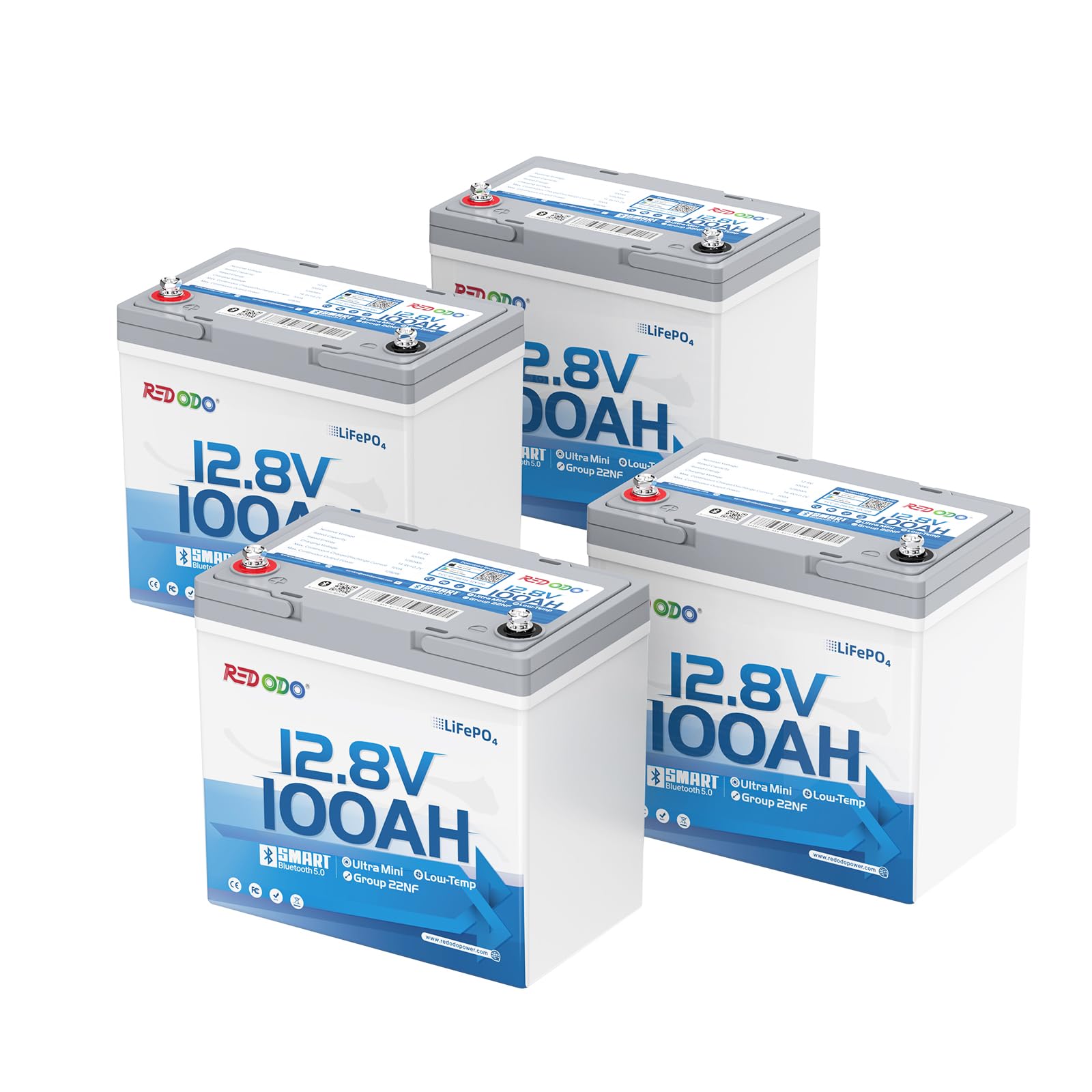 Redodo 12V 100Ah Ultra-Mini LiFePO4 Bluetooth Deep Cycle Battery 4 Pack