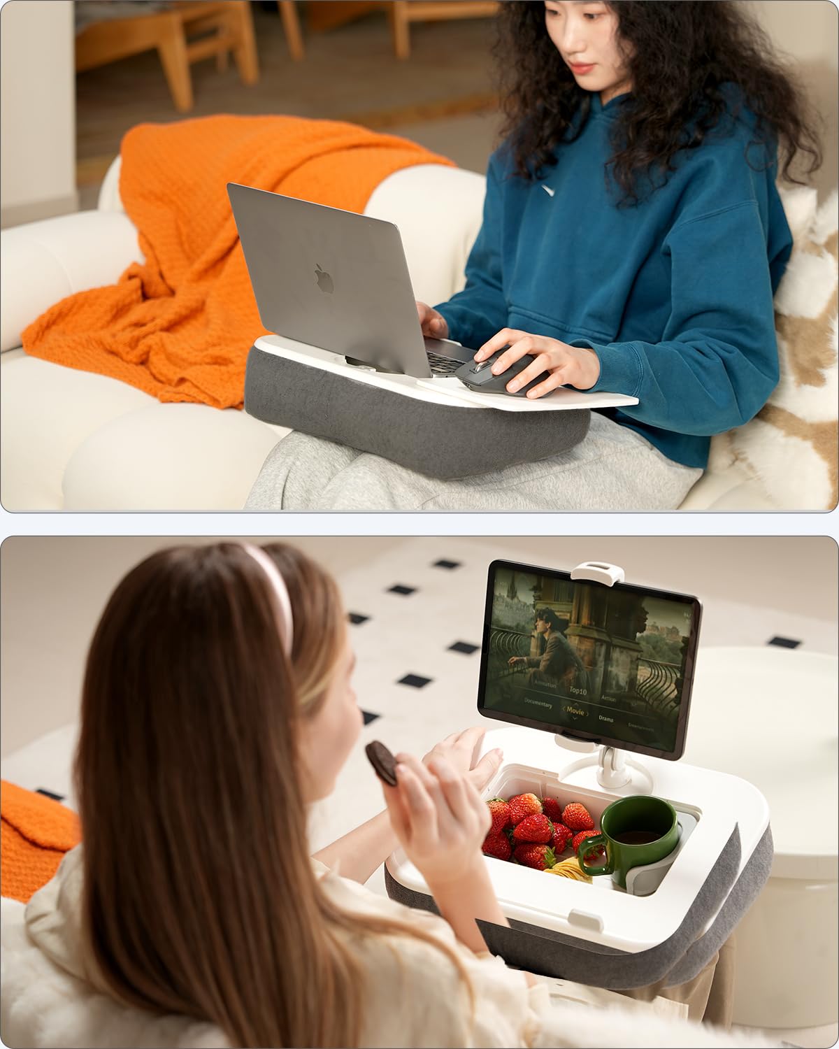 SupeDesk Kindle Halterung Kissen, Tablet Halterung,Kindle Halter,kompatibel mit 4,7-15" Handy/Kindle/Tablet/Laptop, Laptopständer mit Mauspad,Snackbox,Becherhalter & 360° drehbarer Arm für Bett, Sofa