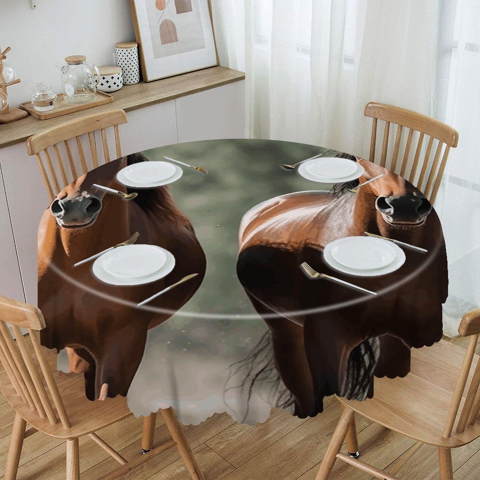 VstaDank Animales Horses Round Tablecloth 60 Inch Easy to Clean Circle Table Cover Thick Decorative Round Polyester Table Cloth for Dining Kitchen Party Farmhouse Outdoor