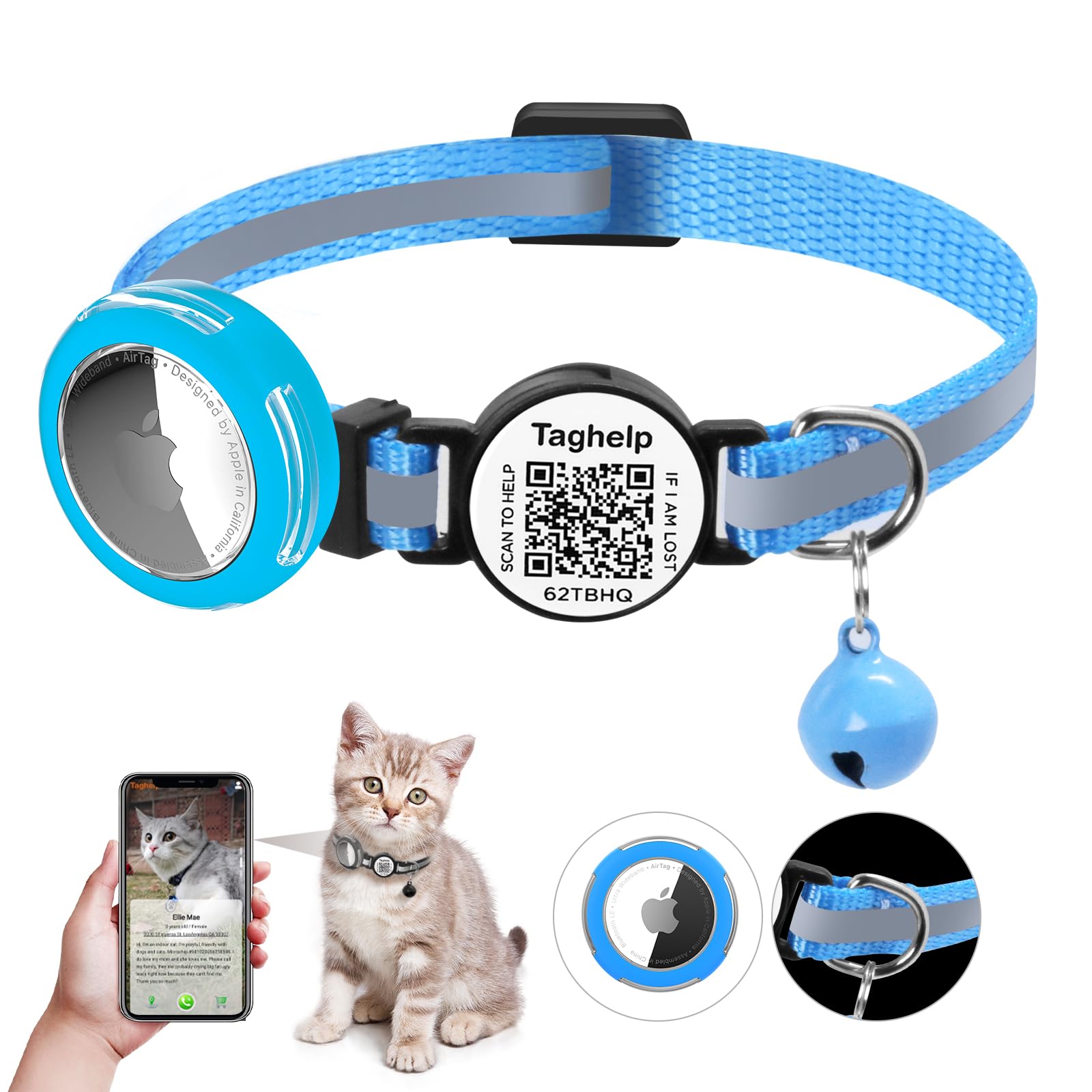 Waterproof Airtag Cat Collar Breakaway with QR Code Name Tag, Reflective cat Collar airtag Holder with Bell, Reflective Kitten Cat ID Tag Personalized