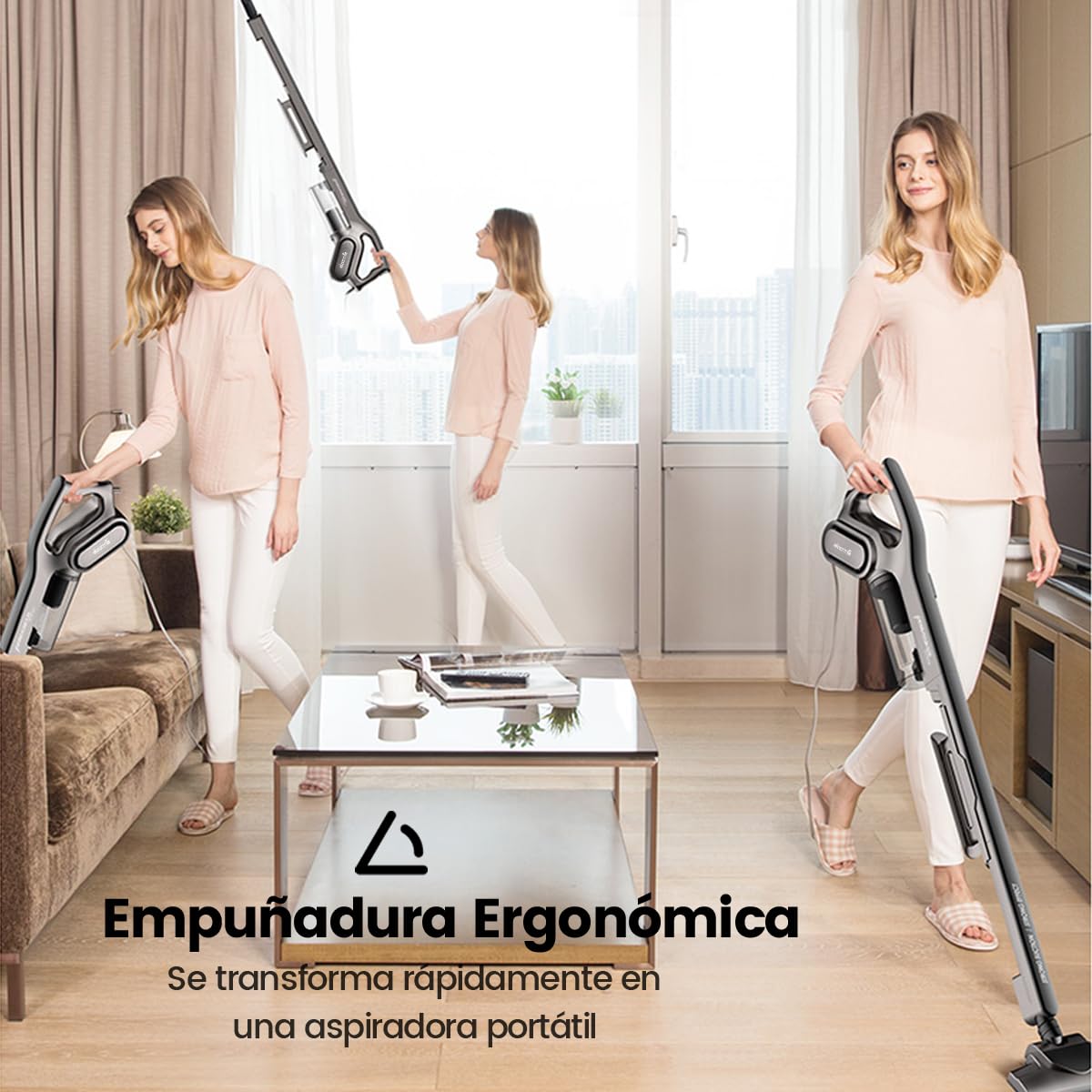 A woman demonstrating the ergonomic handle of the Deerma DX115C vacuum cleaner, showing how it quickly transforms into a portable handheld vacuum.