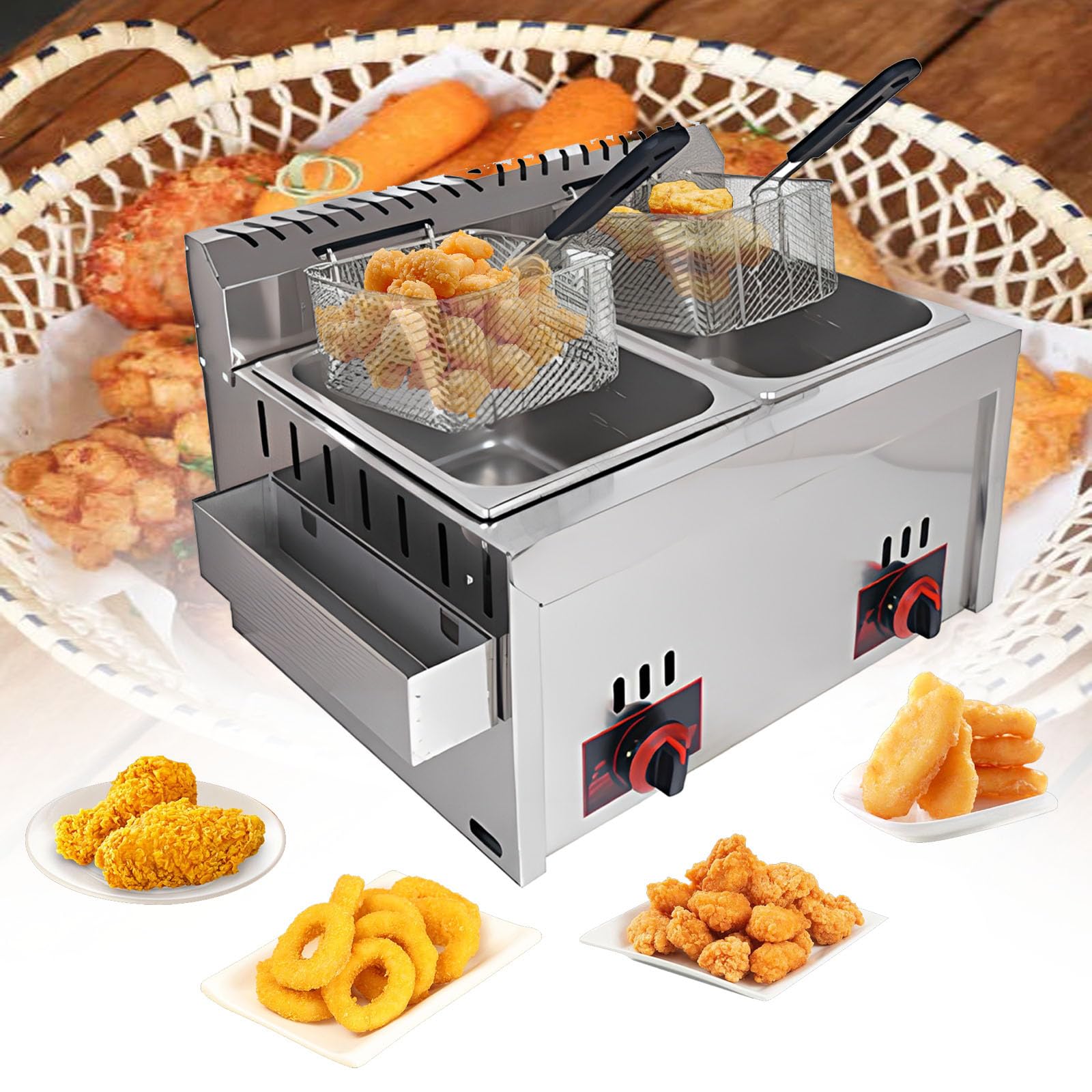 Friggitrice a gas GPL in acciaio inox, regolabile con controllo della potenza di fuoco e temperatura per uso commerciale, friggitrice da banco per casa e ristorante, patatine fritte