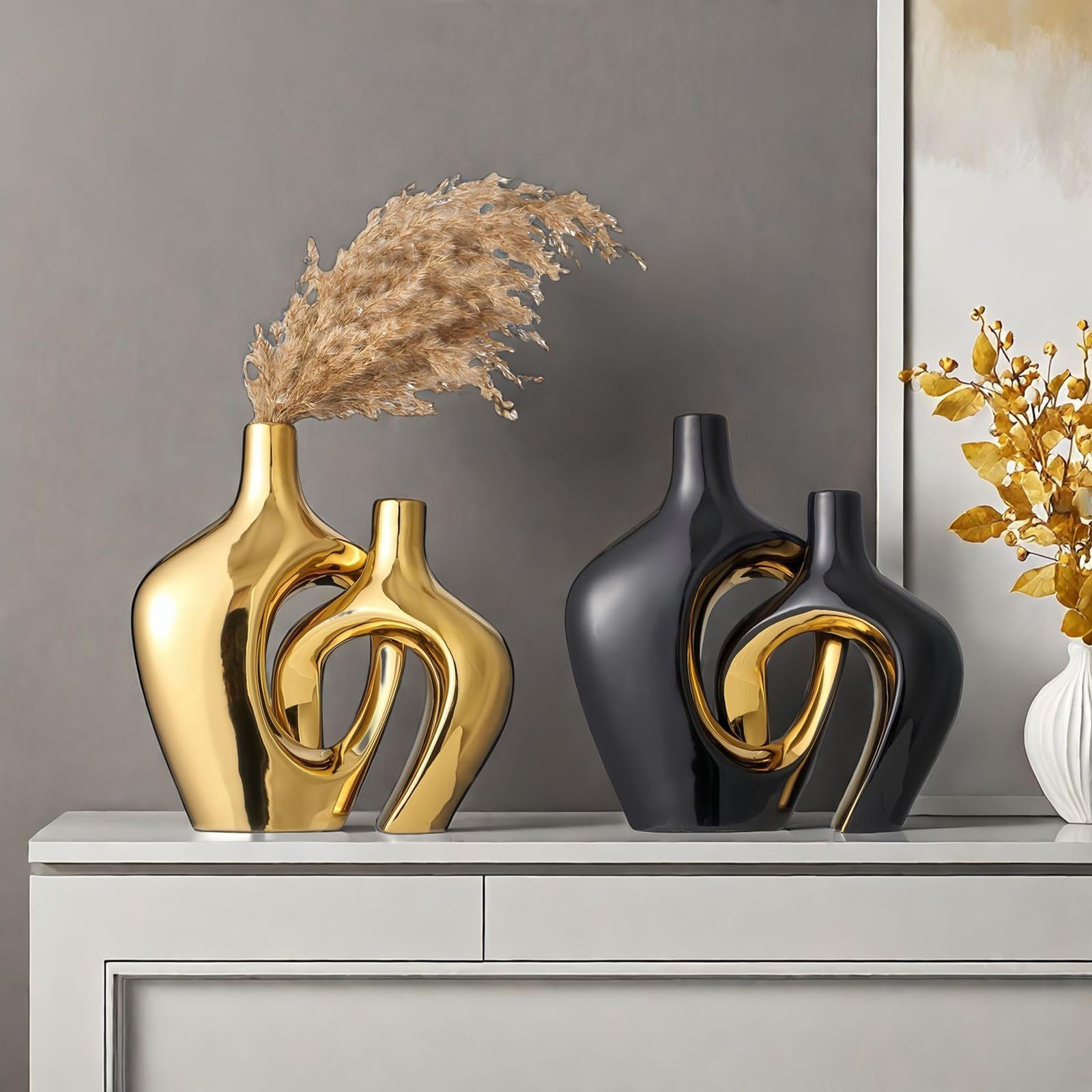 Keramik-Blumenvasen, Set mit 2 dekorativen Vasen für Tischdekoration, Hochzeit, Esszimmer, Wohnzimmer, Haus, Dekoration, ästhetische Vase
