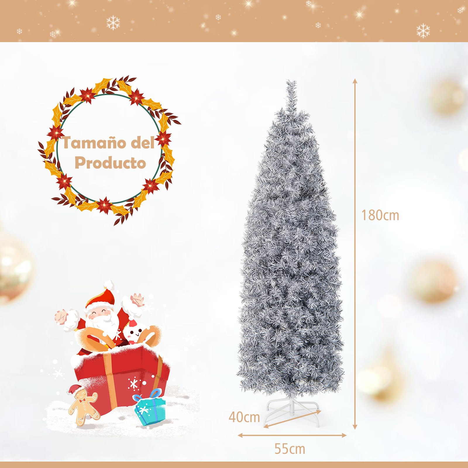 COSTWAY Árbol de Navidad Blanco y Negro 180cm, Arbol de Navidad Slim/Estrecho con Luces Incorporadas, 250 Luces Blancas Frías, 475 Ramas de PVC y Pet, Arvore de Natal Soporte de Metal Casa/Oficina