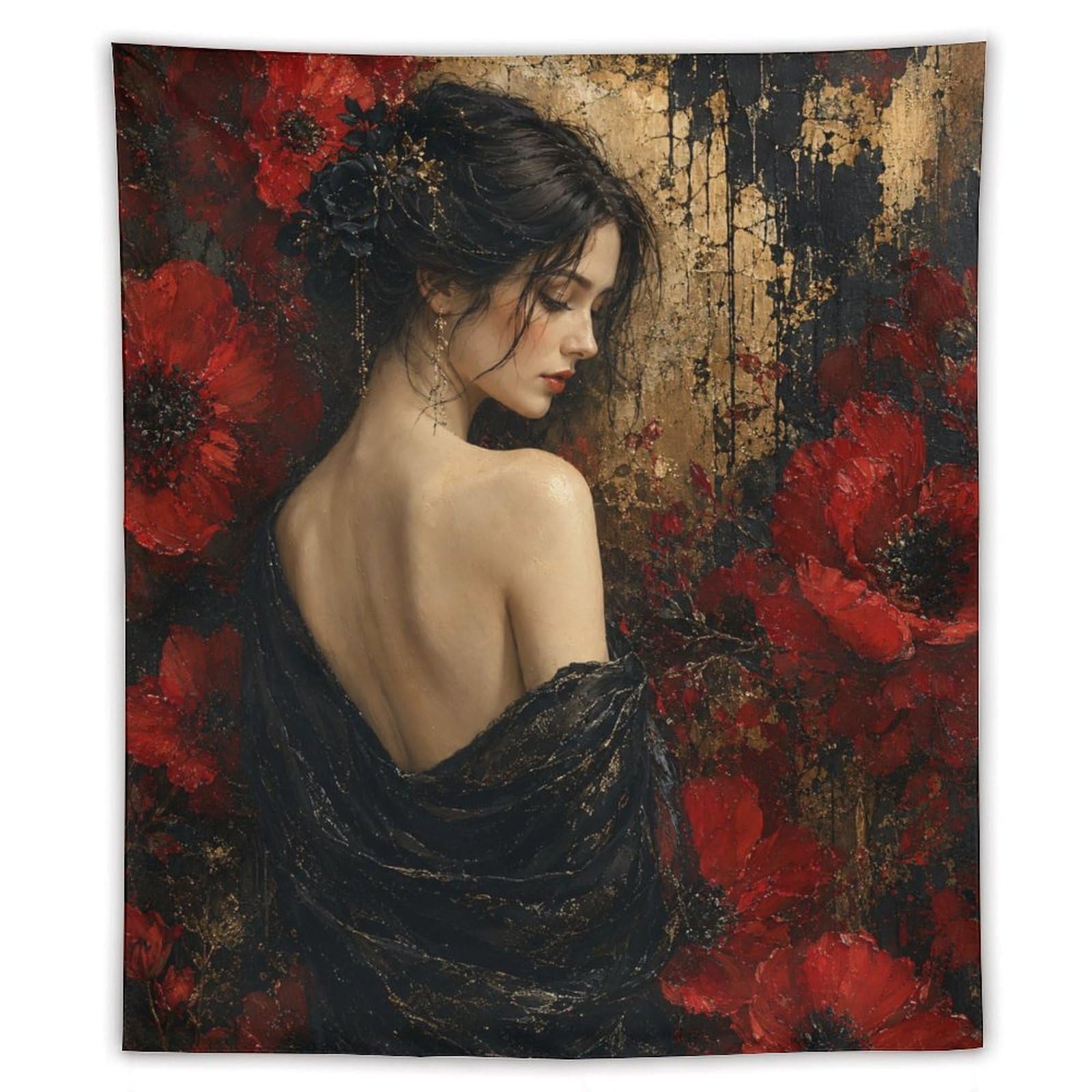 Red Poppy Woman Portrait Wall Tapestry, Impressionist, Room Divider