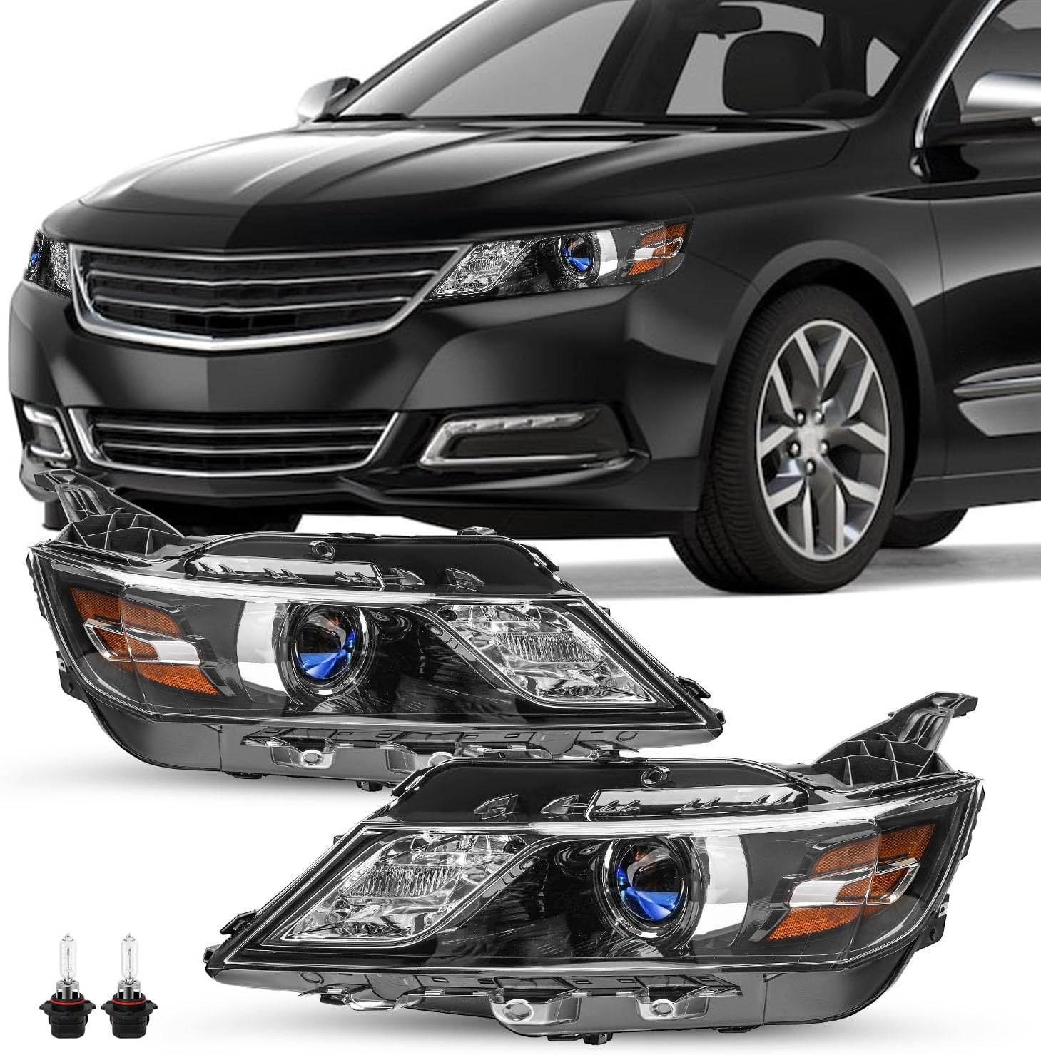 Fits For 2014-2020 Chevy Impala Headlight Assembly Halogen OE Style Projector Factory Headlamp LH+RH Pair Set Replacement Bulbs Included