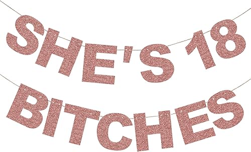 Cartel preencordado con texto en inglés «She's 18 Bitches» para niñas con purpurina de oro rosa para cumpleaños de 18 años, cartel de fiesta temática