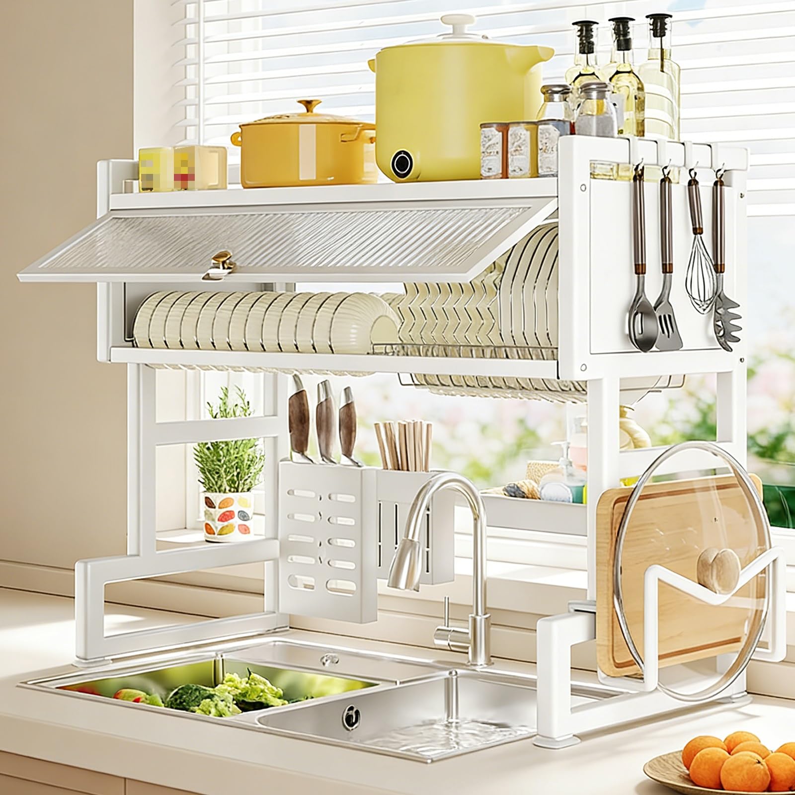 THNSAWX Over Sink Dish Drying Rack, Carbon Steel Dish Rack with Dustproof Cover, Space-Saving Dishes Drainer Rack, Kitchen Organizer for Plates, Bowls, Pots(White 1 Tier,65cm/25.5in)