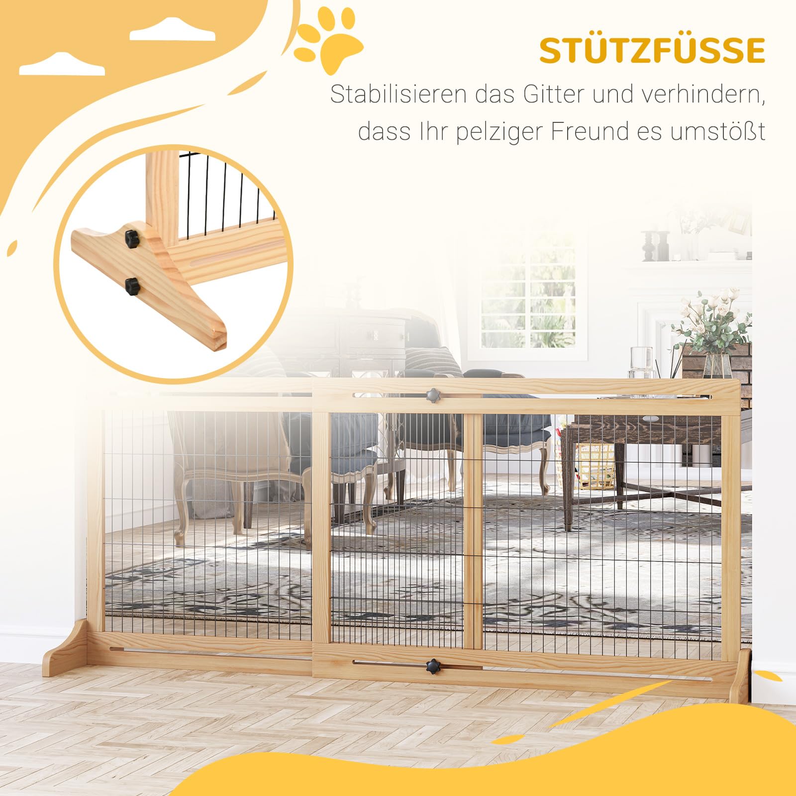 PawHut Hunde Absperrgitter aus Holz Ausziehbar104-180x36x69 cm Naturholz | Türschutzgitter mit Fußstütze, Freistehendes Hundegitter, Treppenschutzgitter, für Kamin, Ofen