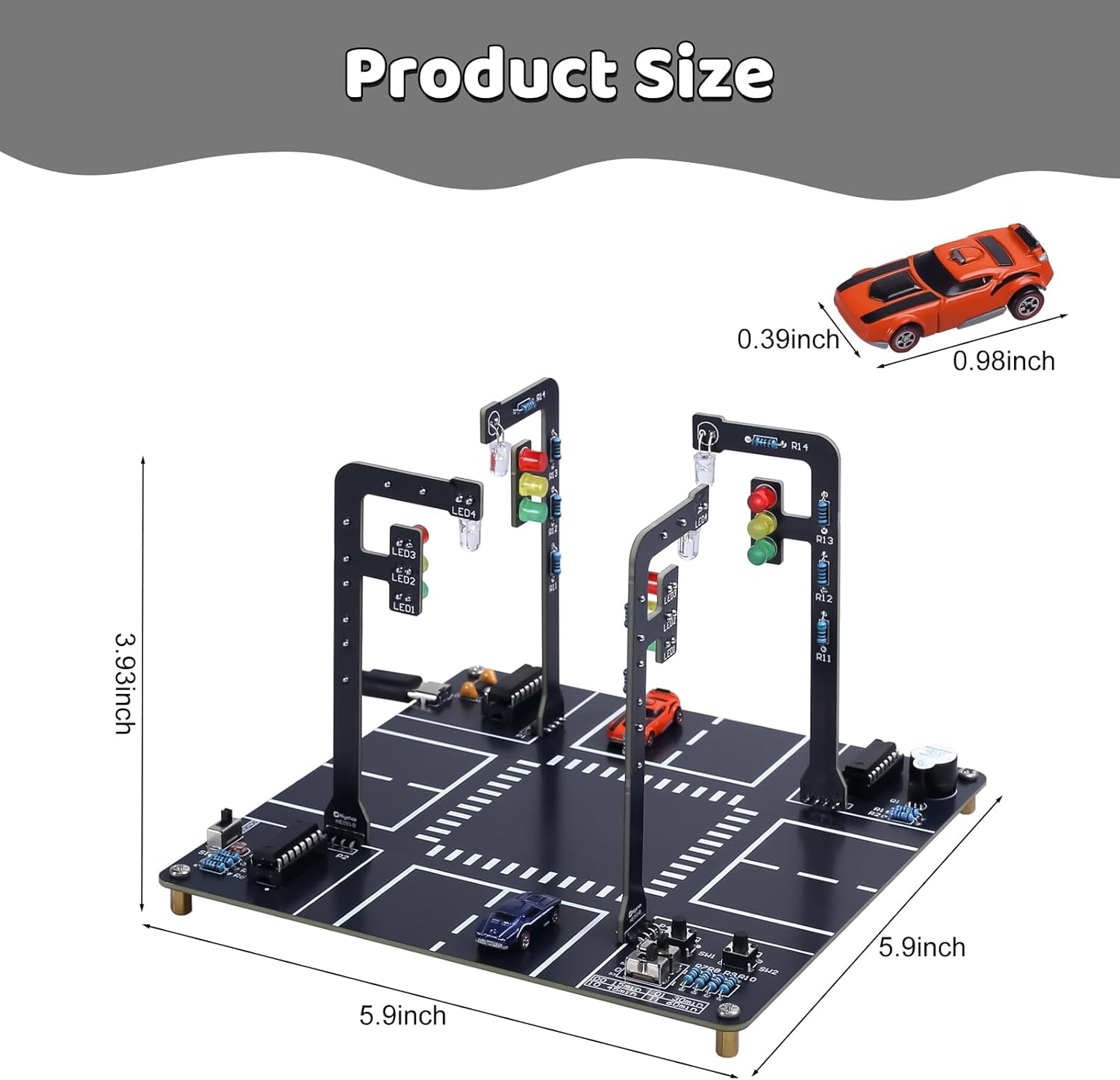 Diagram showing the product dimensions of the assembled traffic light kit