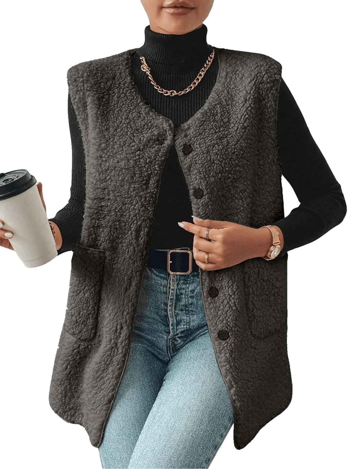 Gilet Donna Invernale in Pile Gilet Elegante Pile Lungo Smanicato donna Invernale Termico con Scollo a V e Bottoni Smanicato Caldo Casual Comodi Senza Maniche Giacca Teddy con Tasche Autunno