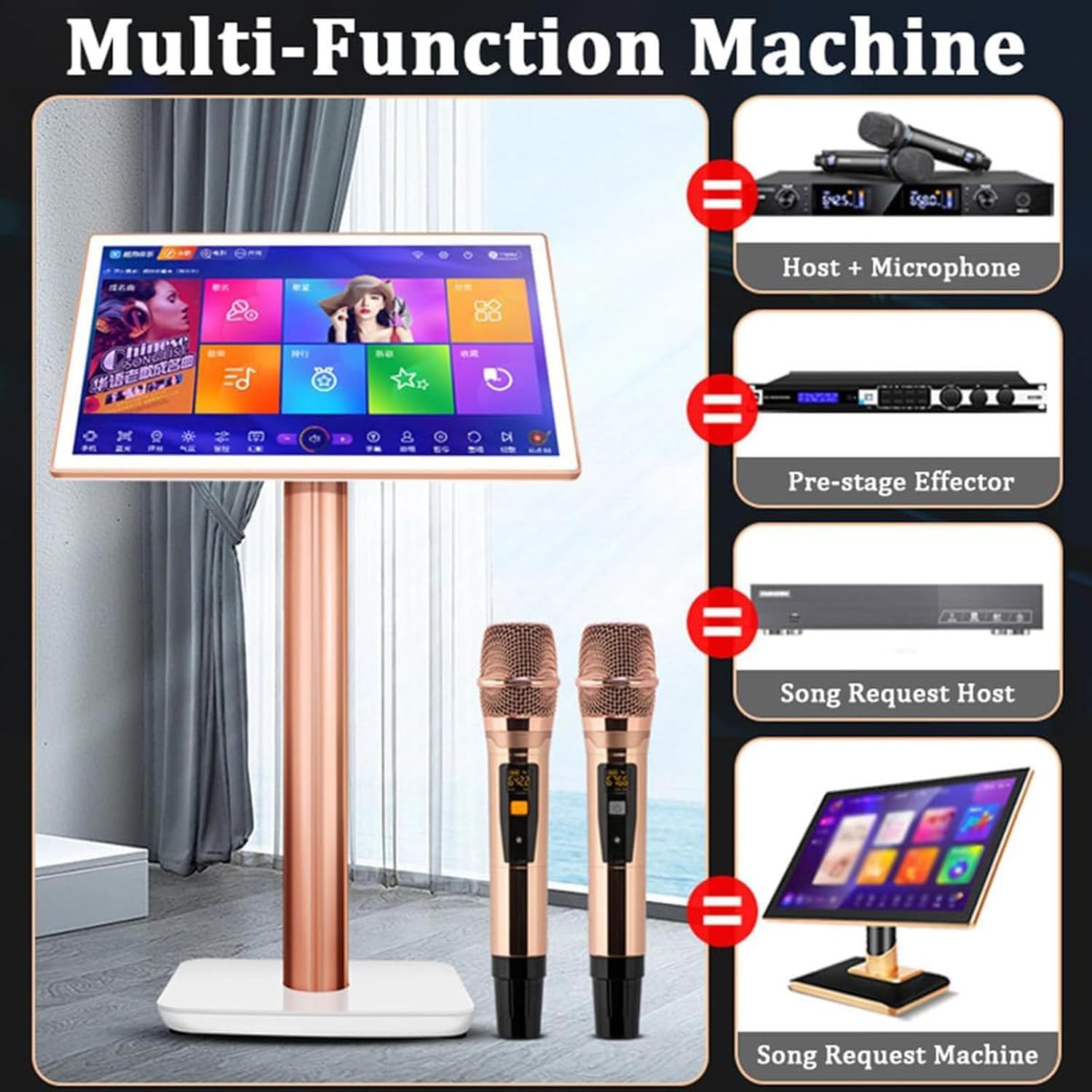 Máquina de karaoke con micrófono inalámbrico, 27 idiomas conmutables, selección inteligente de canciones, amplificador de potencia, control de aplicación para el hogar y el bar,