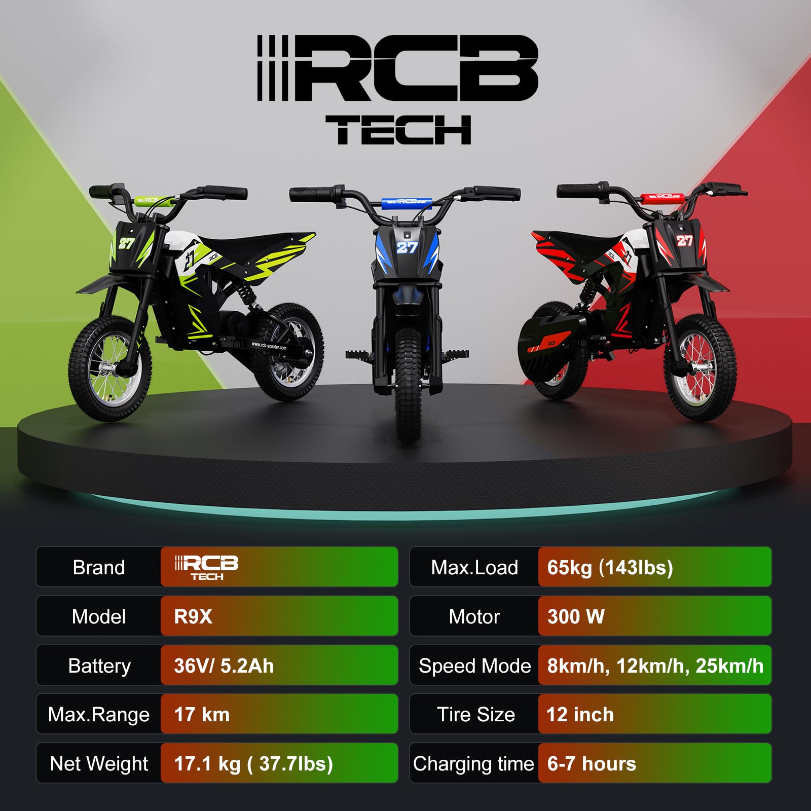 RCB TECH R9X Elektro Motorrad Kinder, Elektromotorrad mit 3 Geschwindigkeitsmodus, Max 25km/h, 36V/5,2Ah Akku, Reichweite 17KM, 12 Zoll Luftreifen, Moto Crossbike für Kinder （blau）