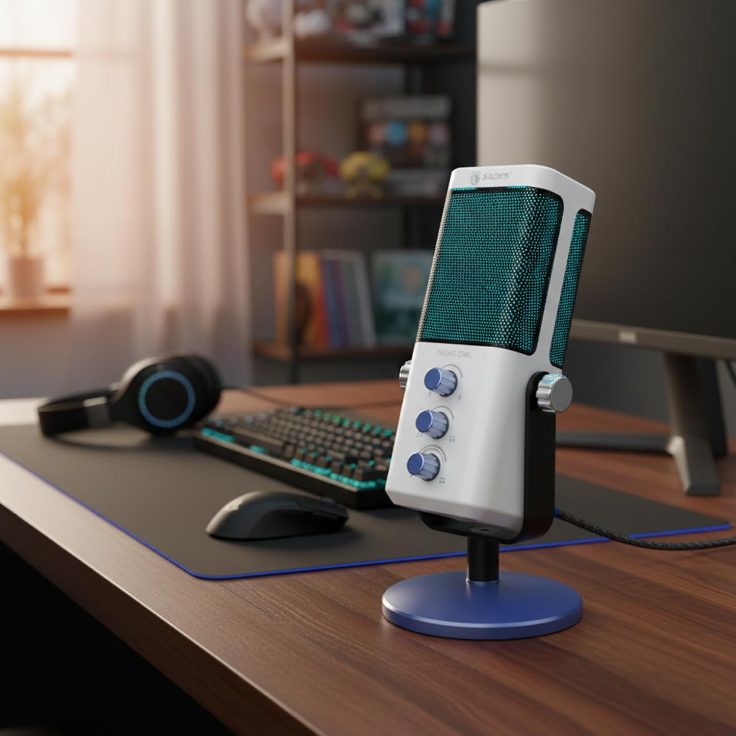 Sades Night Owl USB Gaming Microphone – Cardioid Condenser Mic with RGB Lighting, Gain Control, Plug and Play for PC, Streaming & Podcasting (White)