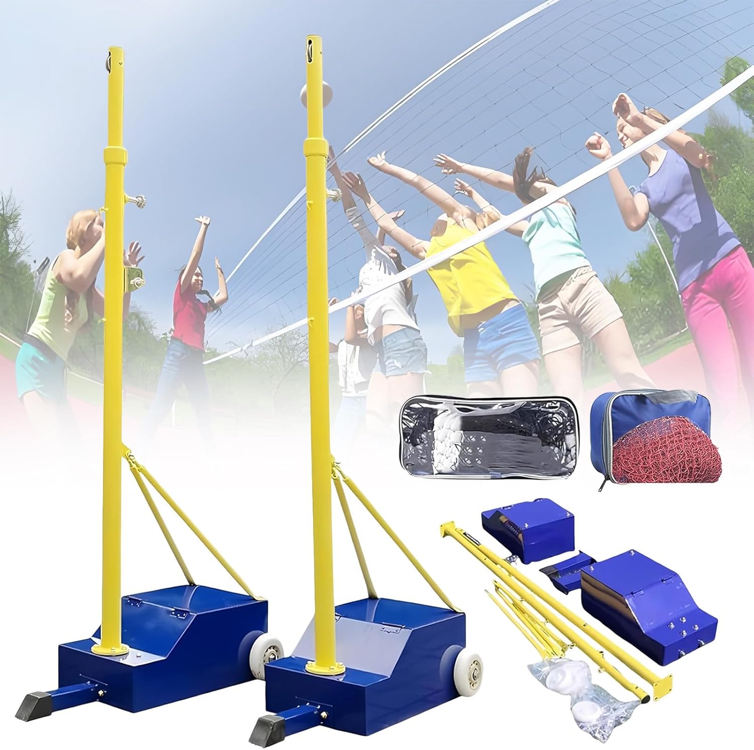 Volleyball Poles, with Volleyball Net/Badminton Net, Indoor& Outdoor Heavy Duty Volleyballs Poles, Adjustable 4 Heights of 5.1ft-6.89ft with Wheels and Net, for Adults Youth Kids Stadium
