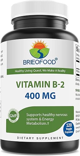 Brieofood Vitamina B2 (riboflavina) 400 mg, 120 cápsulas vegetarianas, sin gluten, sin OMG