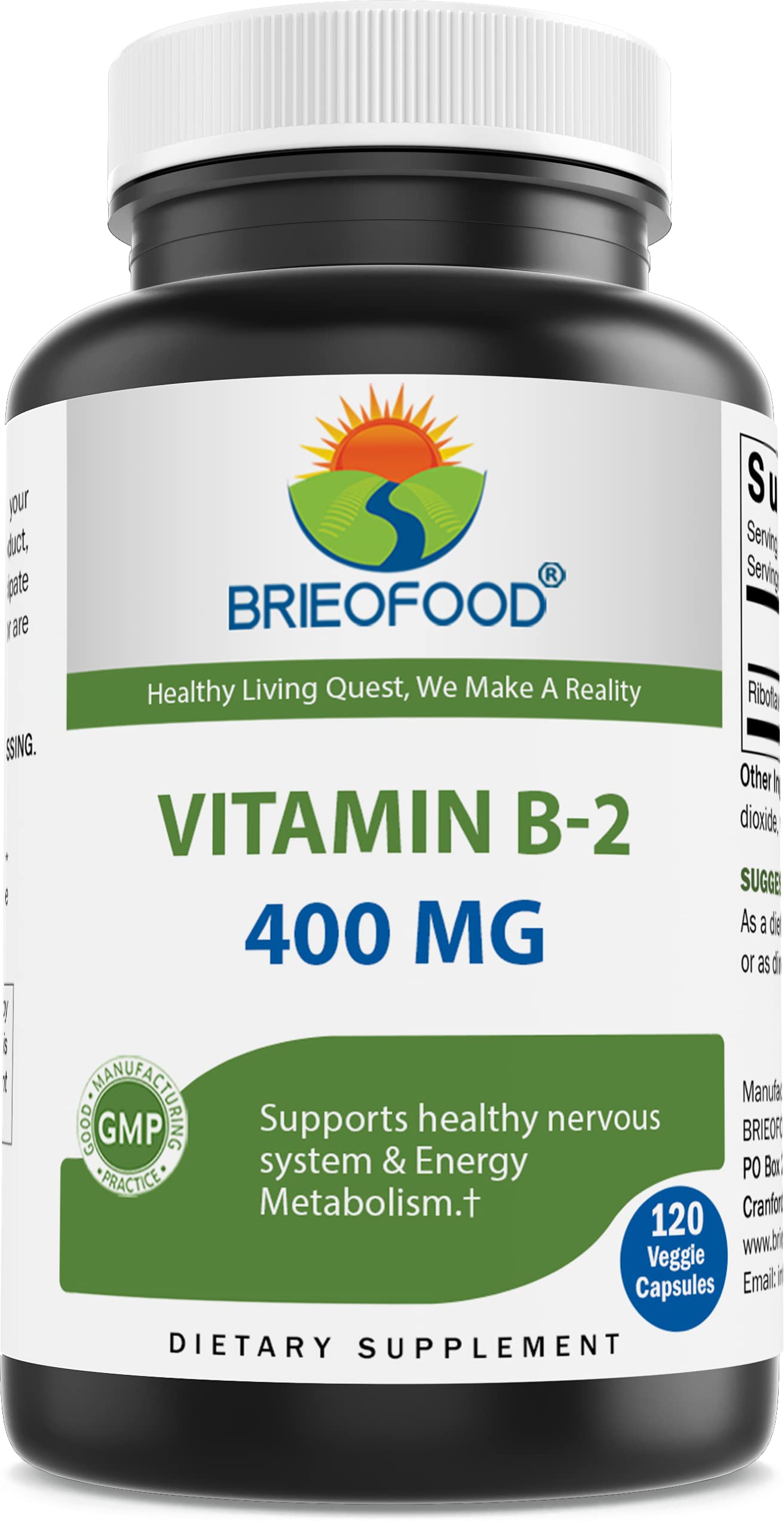 BrieofoodVitamin B2 (Riboflavin) 400mg, 120 Veggie Capsules - Gluten Free, Non-GMO