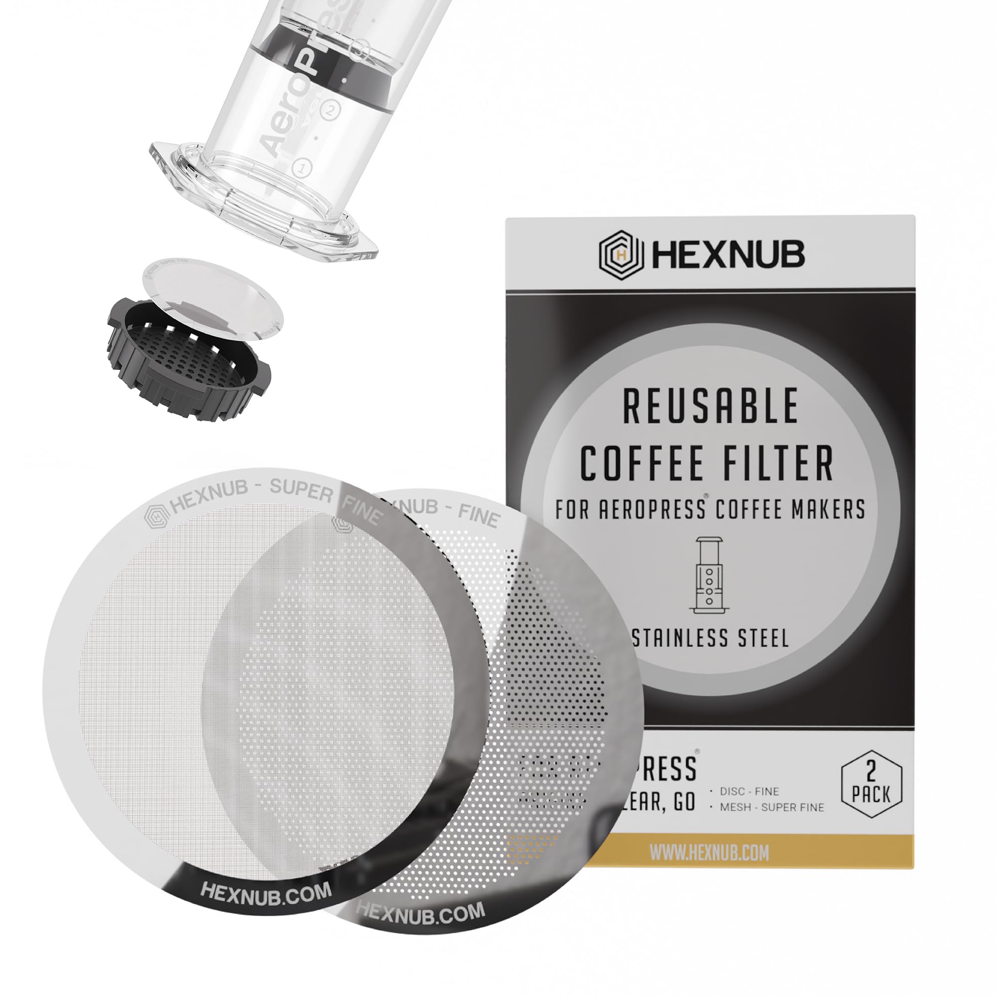 Hexnub Reusable Stainless Steel Fine Mesh Filter For AeroPress (2 Pack) - Silver, Fits AeroPress Original, Clear, And Go