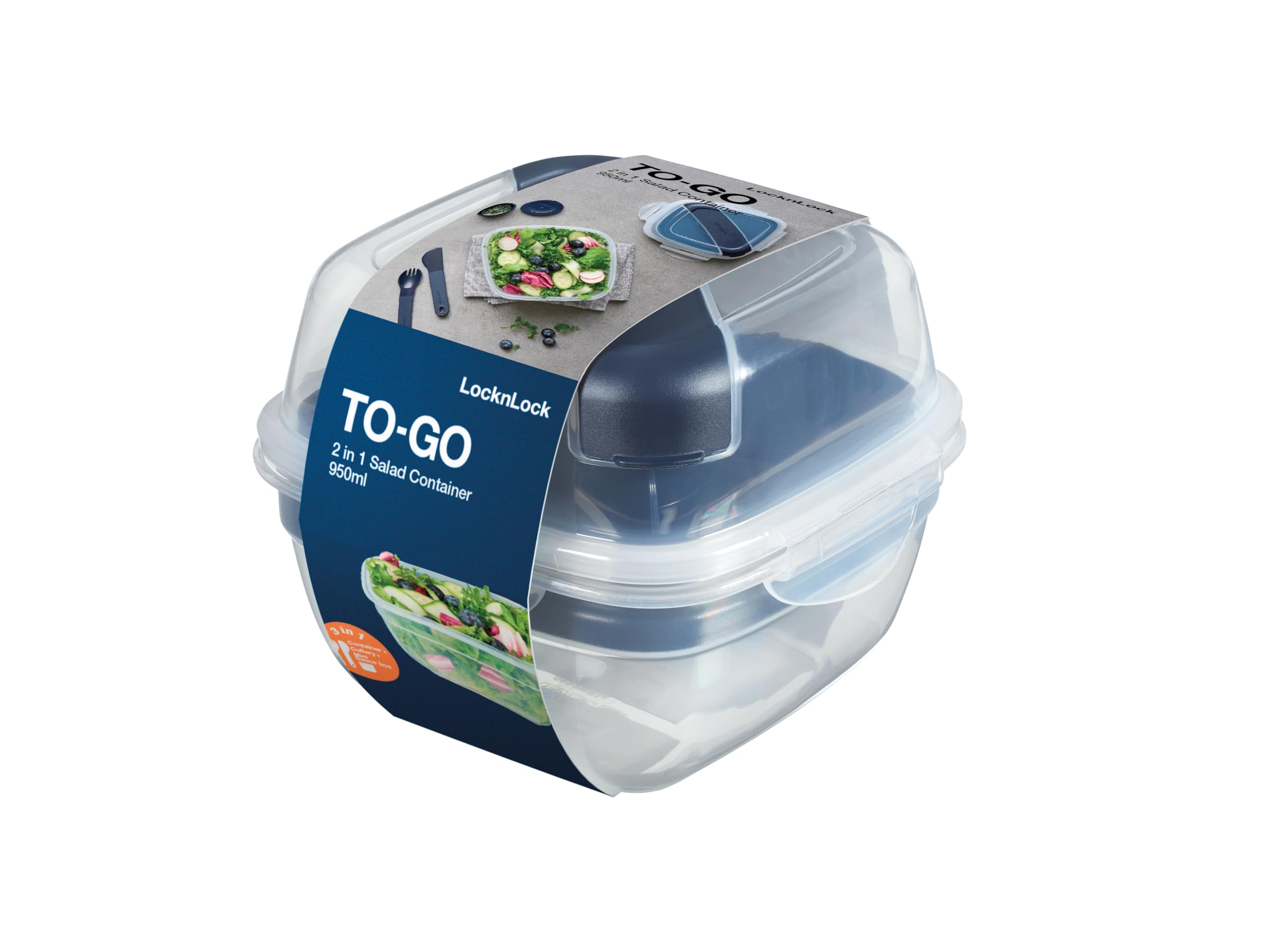 LocknLock to Go Salad Bowl with Topping Tray, Sauce Cup & Cutlery, 950 ml, 100% Airtight and Waterproof Storage Jar, Dishwasher and Microwave Safe, BPA-Free, Salad Bowl to Go
