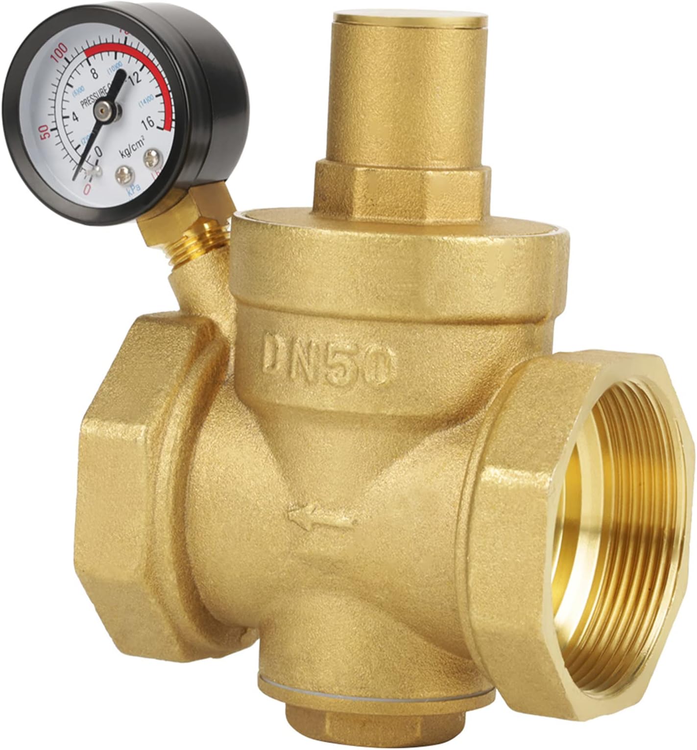 Brass Pressure Regulator, BSP DN50 Brass Water Pressure Regulator Water Pressure Reducing Valve with Adjustable Gauge Flow, Air Source, Relief Valves