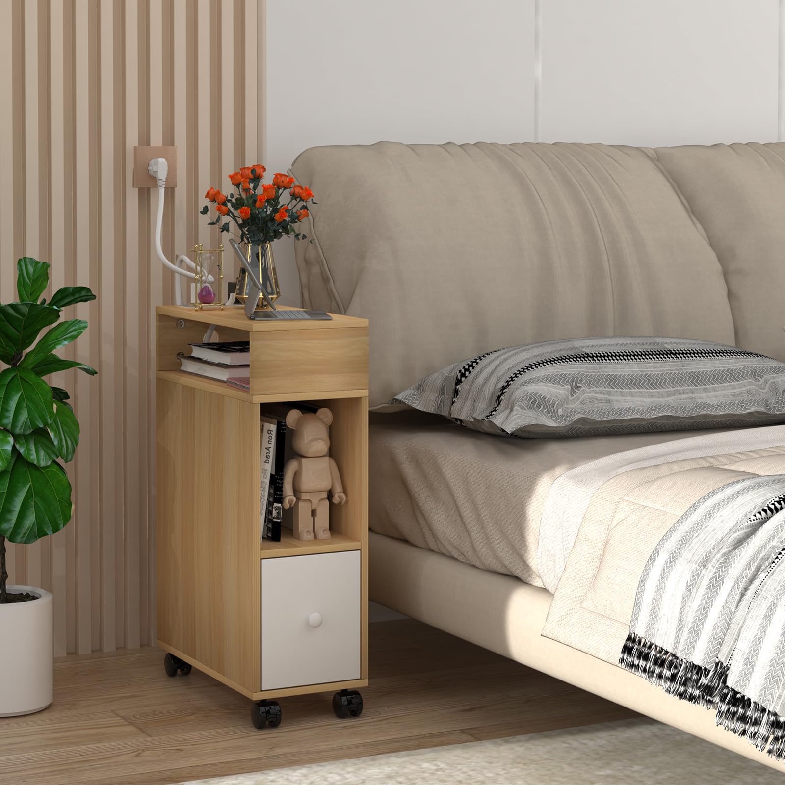 Mesilla de Noche Estrecha con Estación de Carga, Mesita de Noche con Puertos USB, Mesita Auxiliar con Cajones y Estante, Mesita de Noche Para Habitaciones Pequeñas, Mesa Auxiliar con Ruedas