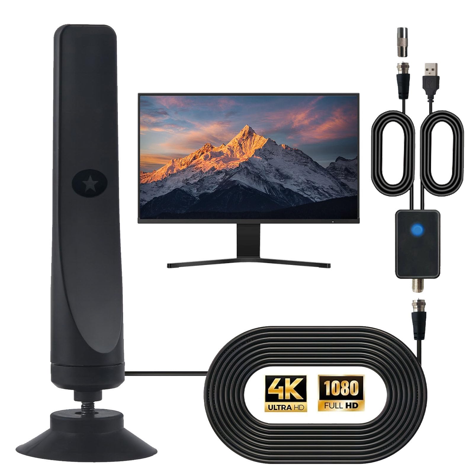 TV Antenna, HD Digital Antenna/Signal Booster with Crisp HDTV Display ＆ Remote, Indoor Wave Beam Antenna for Smart TV Works with All TVs, Supports 4K,