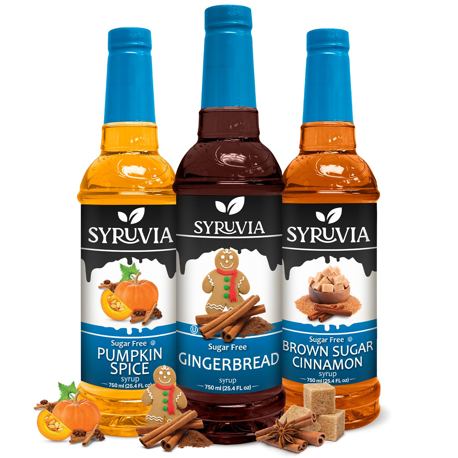 Syruvia Sugar-Free Holiday Syrup Variety Pack - Pumpkin Spice, Brown Sugar Cinnamon & Gingerbread - 25.4oz - 0 Calorie - 3-Flavor Holiday Gift Set, Gluten-Free, Kosher (3-Pack)