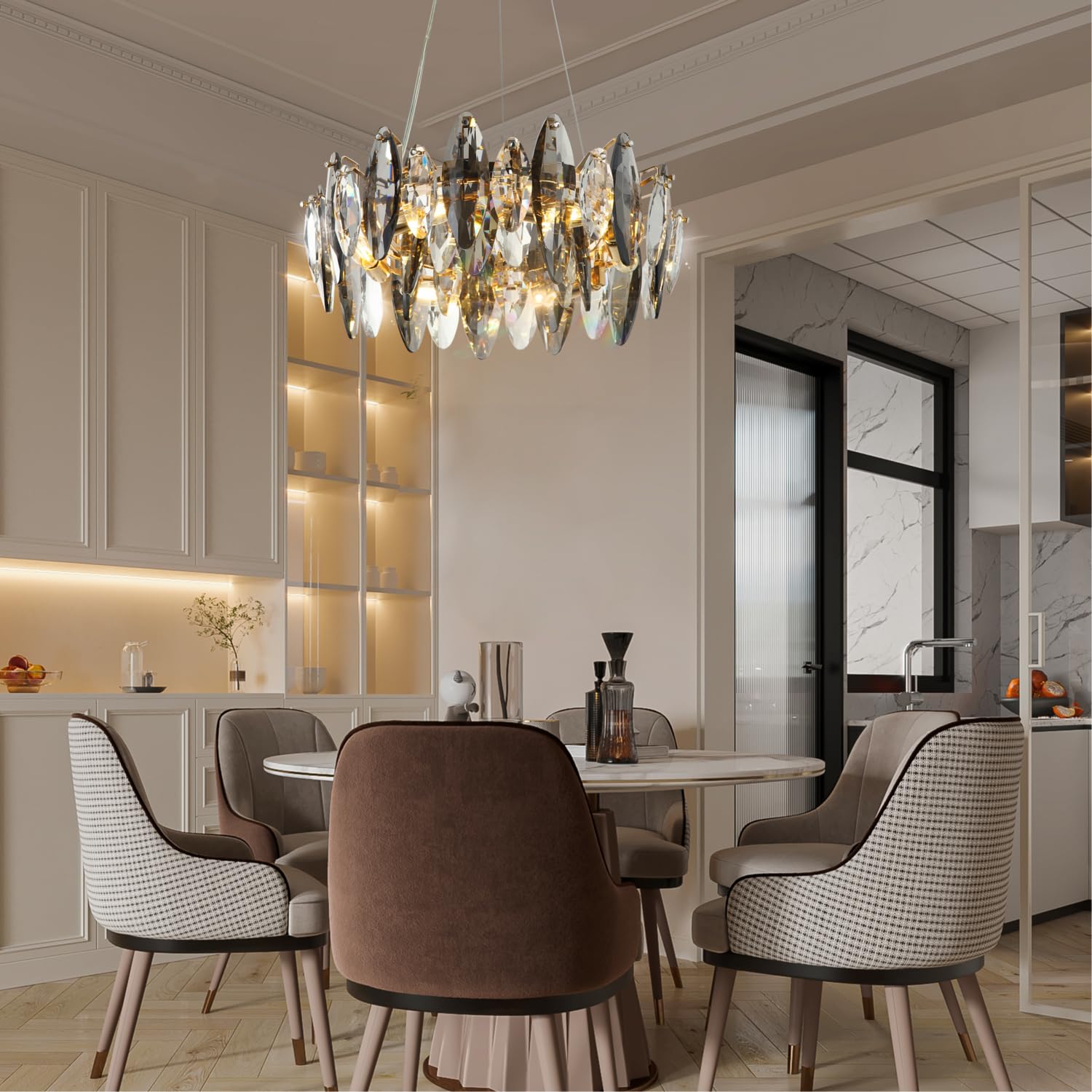 6 Kopf E14 LED Glühbirne Abnehmbare Wohnzimmer Luxus Kristall Hänge Lampe | Freie Höheneinstellung K9 Mehrseitige Kristalle Lichtbrechungsatmosphäre High-End-Luxus Einfacher Wechsel der Glühbirne