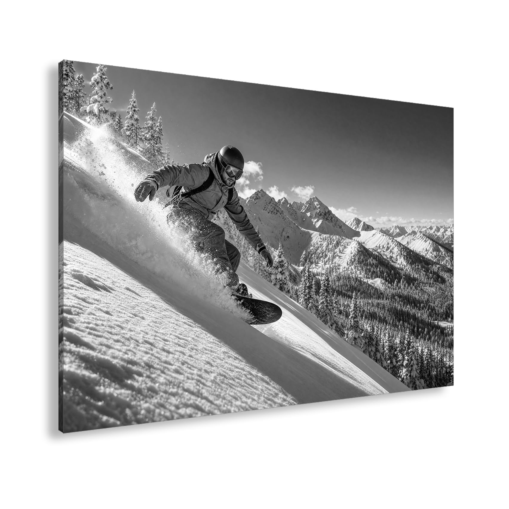 Obraz na płótnie snowboardzista jeździ w słonecznych górach 80 x 60 cm czarno-biały