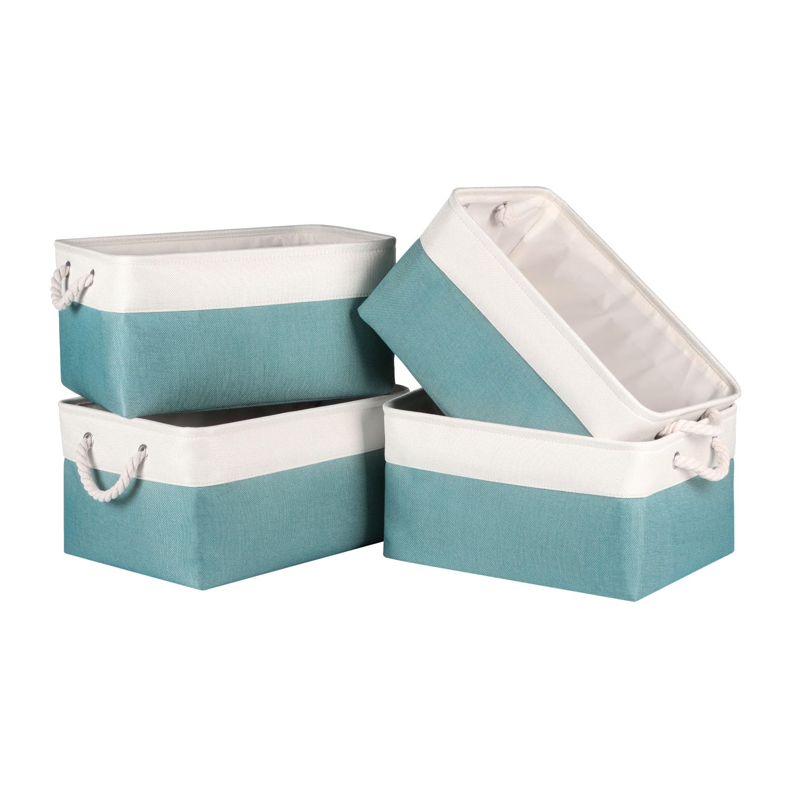 Syeeiex Storage Basket for Shelves [4 Pack], Storage Boxes with Handles, Large Fabric Storage Bins for Organizing Home and Office, White & Teal