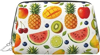 Tropisk sommarfrukt makeupväska resetoalettväska för kvinnor PVC läder | Fulltryckt design med inre svampstoppning och 3 fickor, håller kosmetika snyggt sorterat för hem- och resscenarier.