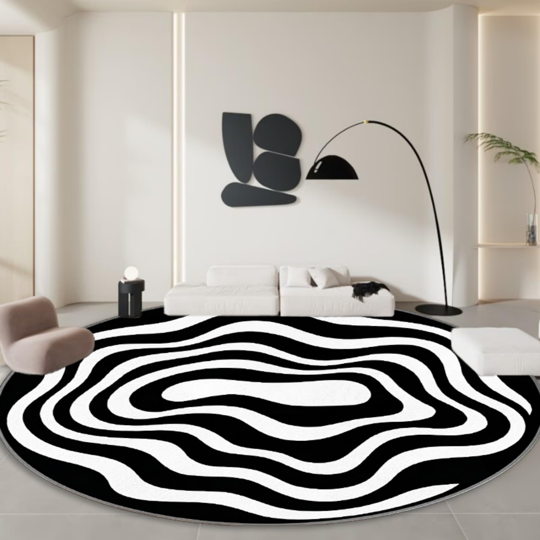 WAOTMN Black and White Round Rug, 200cm, Spiral Machine Washable Rug, Minimalism Non Slip Floor Carpet, Low Pile, Simple Modern Area Rugs for Living Room Bedroom Chair Entryway