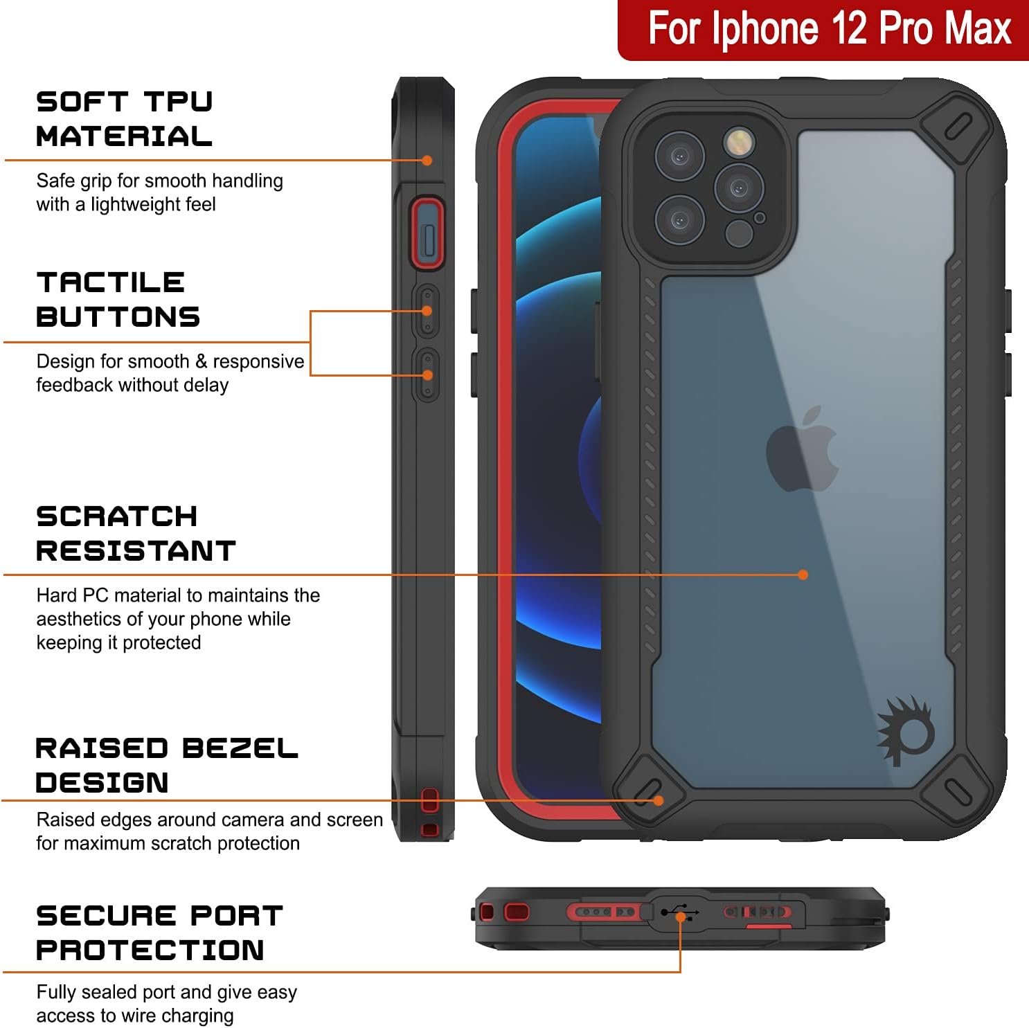 Punkcase for iPhone 12 Pro Max Waterproof Case [Maximus Series] [Slim Fit] [IP68 Certified] Clear Armor Cover with Screen Protector | Ultimate Protection for iPhone 12 Pro Max (6.7") (2020) [Red]