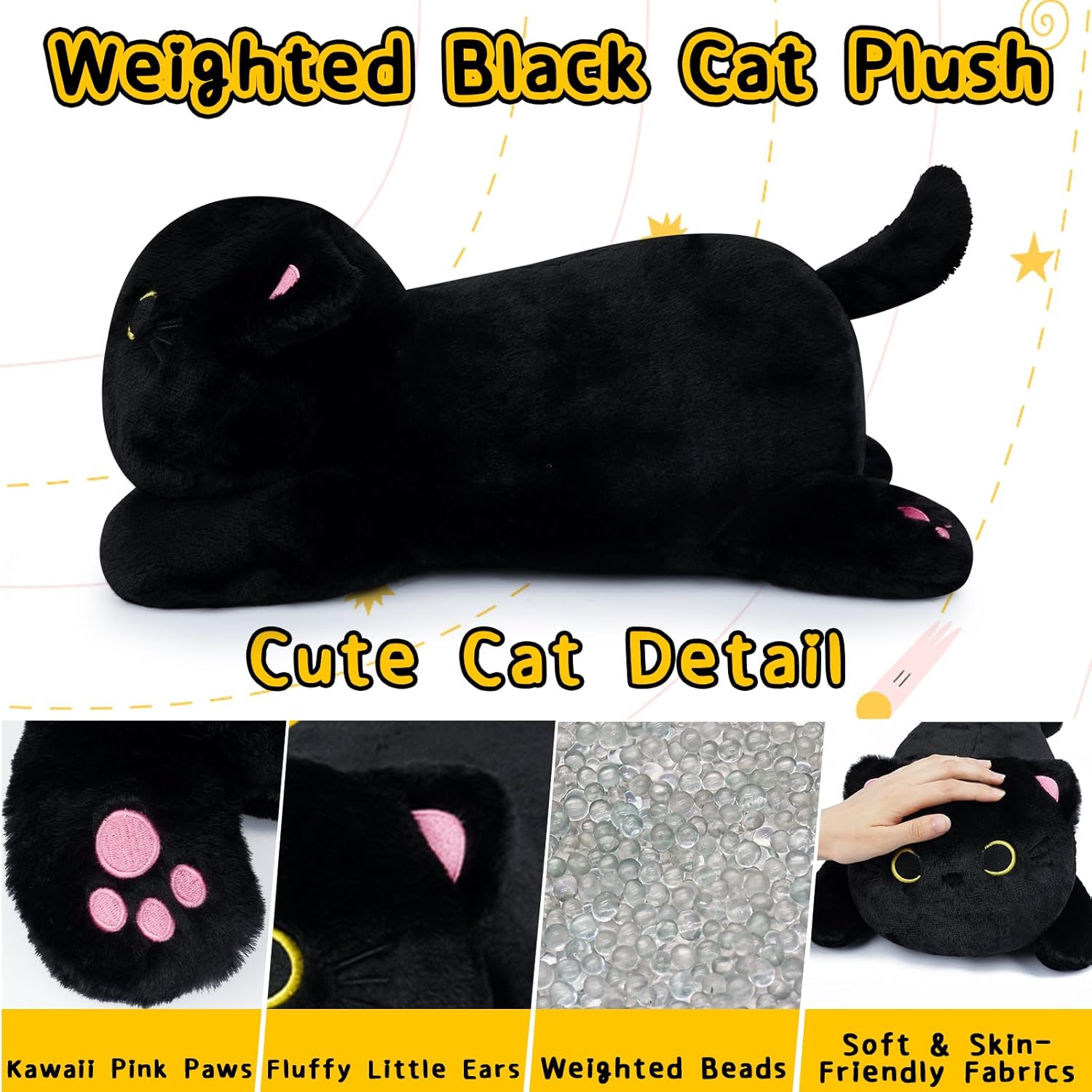 Weighted Cat Stuffed Animal,18 Inch Realistic Weighted Black Cat Plush,Soft Sensory Comfort Huggable Black Cat Weighted Plush Animals,Cut Plush Toy Gifts for Kids,Boys Girls