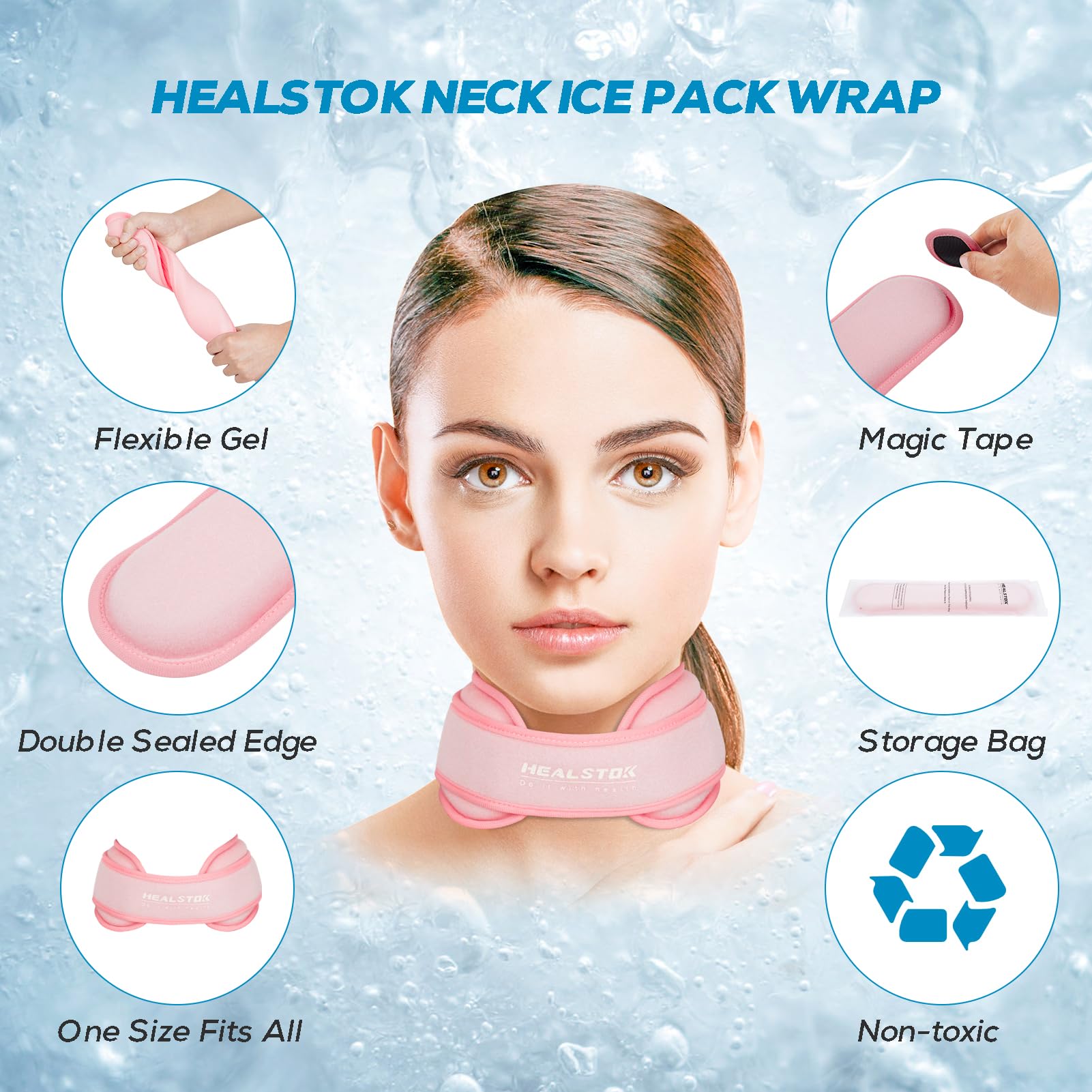 Bolsa de hielo para el cuello, bolsa de hielo cervical, compresa fría para lesiones de cuello, reutilizable, terapia fría y caliente, ajustable, flexible, gel para aliviar la presión, color rosa